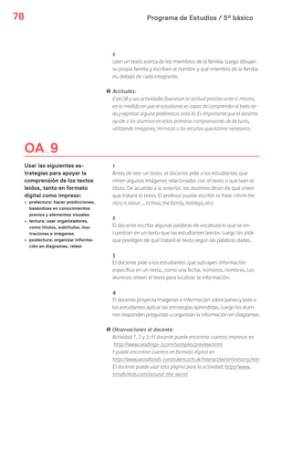 Programa de Estudios / 5º básico78
OA 9
Usar las siguientes es-
trategias para apoyar la
comprensión de los textos
leídos, tanto en formato
digital como impreso:
› prelectura: hacer predicciones,
basándose en conocimientos
previos y elementos visuales
› lectura: usar organizadores,
como títulos, subtítulos, ilus-
traciones e imágenes
› poslectura: organizar informa-
ción en diagramas, releer
2
Leen un texto acerca de los miembros de la familia. Luego dibujan
su propia familia y escriben el nombre y qué miembro de la familia
es, debajo de cada integrante.
! Actitudes:
Este OA y sus actividades favorecen la actitud positiva ante sí mismo,
en la medida en que el estudiante es capaz de comprender el texto leí-
do y expresar alguna preferencia ante él. Es importante que el docente
ayude a los alumnos en estas primeras comprensiones de lecturas,
utilizando imágenes, mímicas o los recursos que estime necesarios.
1
Antes de leer un texto, el docente pide a los estudiantes que
miren algunas imágenes relacionadas con el texto o que lean el
título. De acuerdo a lo anterior, los alumnos dicen de qué creen
que tratará el texto. El profesor puede escribir la frase I think the
story is about … (school, the family, holidays, etc).
2
El docente escribe algunas palabras de vocabulario que se en-
cuentran en un texto que los estudiantes leerán. Luego les pide
que predigan de qué tratará el texto según las palabras dadas.
3
El docente pide a los estudiantes que subrayen información
específica en un texto, como una fecha, números, nombres. Los
alumnos releen el texto para localizar la información.
4
El docente proyecta imagenes e información sobre países y pide a
los estudiantes aplicar las estrategias aprendidas. Luego los alum-
nos responden preguntas u organizan la información en diagramas.
! Observaciones al docente:
Actividad 1, 2 y 3: El docente puede encontrar cuentos impresos en
http://www.readinga-z.com/samples/preview.html
Y puede encontrar cuentos en formato digital en
http://www.woodlands-junior.kent.sch.uk/interactive/onlinestory.htm
El docente puede usar esta página para la actividad: http://www.
timeforkids.com/around-the-world
 
