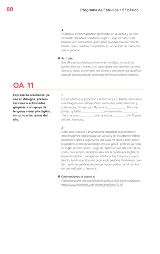 Programa de Estudios / 5º básico80
OA 11
Expresarse oralmente, ya
sea en diálogos, presen-
taciones o actividades
grupales, con apoyo de
lenguaje visual y/o digital,
en torno a los temas del
año.
4
En parejas, escriben palabras aprendidas en la unidad y las leen,
intentado reproducir sonidos en inglés. Luego les dictan esas
palabras a un compañero, quien tiene que deletrearlas correcta-
mente. Quien deletree más palabras en un periodo de 3 minutos,
será el ganador.
! Actitudes:
Este OA y sus actividades promueven el manifestar una actitud
positiva frente a sí mismo y sus capacidades para aprender un nuevo
idioma al recitar una rima en otro idioma y sobreponerse a las dificul-
tades de la pronunciación de sonidos diferentes al idioma materno.
1
Los estudiantes se presentan a sí mismos y a su familia, mostrando
una fotografía o un dibujo. Dicen su nombre, edad, dirección y
preferencias. Por ejemplo: My name is . This is my
family, my father , and my mother .
This is my sister and my brother . I’m 12 years
old and I like music.
2
El docente muestra o proyecta una imagen de una bandera y
otras imágenes relacionadas con un país y los estudiantes deben
identificar el país. Luego hacen una lluvia de ideas y dicen todas
las palabras o ideas relacionadas con ese país. El profesor las copia
en inglés si no las saben. Luego las repiten en voz alta junto al do-
cente. Por ejemplo, el profesor muestra la bandera de Inglaterra,
los alumnos dicen, en inglés o castellano, football, palace, queen,
Beatles, London y el docente copia estas palabras. Finalmente pue-
den copiar las palabras en un organizador gráfico con el nombre
del país y dibujar su bandera.
! Observaciones al docente:
El docente puede usar organizadores gráficos de la siguiente página:
http://www.proteacher.com/redirect.php?goto=2216
 