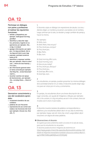 Programa de Estudios / 5º básico84
OA 12
Participar en diálogos
con pares y profesores
al realizar las siguientes
funciones:
› saludar y despedirse; por
ejemplo: hello/good morning,
goodbye
› identificar y describir obje-
tos, personas y lugares en su
apariencia; por ejemplo: the…
is big, it is black
› agregar información; por ejem-
plo: it is big and black; this is
my bag and that is your bag
› expresar cantidad numérica
hasta el 20
› identificar y expresar cantida-
des; por ejemplo: there is a/an/
one…; there are two/twenty…;
It is a/an…
› dar información general sobre
un tema conocido;por ejemplo:
the/they/he… is/are/have/eat/
read in…
› recontar cuentos con apoyo
de ilustraciones;, por ejemplo:
the…run/play/have…, there is/
are…
OA 13
Demostrar conocimiento y
uso del vocabulario apren-
dido:
› vocabulario temático de uso
cotidiano
› palabras de uso frecuente
› expresiones de uso común aso-
ciadas a las funciones del nivel
(por ejemplo: Excuse me, How
old…?)
1
El docente copia un diálogo con expresiones de saludo. Los estu-
diantes eligen un nombre y se ponen una tarjeta con el nombre,
luego caminan por la sala, se saludan y luego cambian de pareja y
hacen lo mismo.
Por ejemplo:
A: Hello, Juan.
B: Hello Pedro. How are you?
A: Fine, thank you, and you?
B: Fine, thank you.
A: Bye, Pedro.
B: Bye, Juan.
A: Good morning, Miss Lucia.
B: Good morning, Juan.
A: How are you today?
B: Fine, thank you. And you?
A: Fine, thank you.
A: Good bye, Miss Lucia.
B: Good bye, Juan.
2
Los estudiantes, en parejas, pueden presentar los mismos diálogos
de la actividad anterior en un video. El docente puede elegir algu-
nos para ser vistos por el curso y comentarlos.
3
En parejas, los estudiantes dicen una breve descripción de un
lugar conocido, con ayuda de imágenes o dibujos; por ejemplo:
this is the canteen, it is big and yellow, we eat in the canteen, there are
4 tables and 5 chairs in each table.
4
El docente muestra tarjetas de palabras correspondientes a
adjetivos y los estudiantes deben decir en voz alta el antónimo;
por ejemplo: happy-sad, tall-short, big-small. Luego deben decir
oraciones con alguna de estas palabras.
! Observaciones al docente:
Se sugiere que estos antónimos estén a la vista en la sala de clases,
para que los estudiantes los recuerden.
El docente puede encontrar imágenes de antónimos en
http://www.google.cl/search?q=opposites+flashcards&hl=es&biw=160
0&bih=674&prmd=imvns&tbm=isch&tbo=u&source=univ&sa=X&ei=U-
qyyTreFMaTUiAKeoqWEAQ&ved=0CD0QsAQ
 