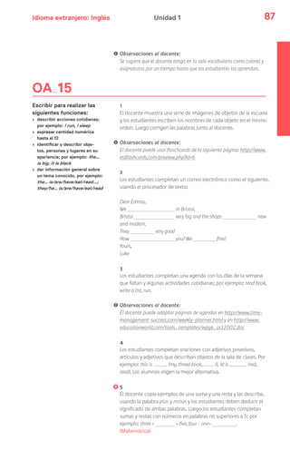 Idioma extranjero: Inglés 87Unidad 1
OA 15
Escribir para realizar las
siguientes funciones:
› describir acciones cotidianas;
por ejemplo: I run, I sleep
› expresar cantidad numérica
hasta el 12
› identificar y describir obje-
tos, personas y lugares en su
apariencia; por ejemplo: the…
is big, it is black
› dar información general sobre
un tema conocido, por ejemplo:
the… is/are/have/eat/read…;
they/he… is/are/have/eat/read
! Observaciones al docente:
Se sugiere que el docente tenga en la sala vocabulario como colores y
asignaturas por un tiempo hasta que los estudiantes los aprendan.
1
El docente muestra una serie de imágenes de objetos de la escuela
y los estudiantes escriben los nombres de cada objeto en el mismo
orden. Luego corrigen las palabras junto al docente.
! Observaciones al docente:
El docente puede usar flaschcards de la siguiente página: http://www.
eslflashcards.com/preview.php?id=6
2
Los estudiantes completan un correo electrónico como el siguiente,
usando el procesador de texto:
Dear Emma,
We in Bristol.
Bristol very big and the shops new
and modern.
They very good
How you? We fine!
Yours,
Luke
3
Los estudiantes completan una agenda con los días de la semana
que faltan y algunas actividades cotidianas; por ejemplo: read book,
write a list, run.
! Observaciones al docente:
El docente puede adaptar páginas de agendas en http://www.time-
management-success.com/weekly-planner.html y en http://www.
educationworld.com/tools_templates/wpge_oct2002.doc
4
Los estudiantes completan oraciones con adjetivos posesivos,
artículos y adjetivos que describan objetos de la sala de clases. Por
ejemplo: this is ____ (my, three) book, ___ (I, it) is _____ (red,
read). Los alumnos eligen la mejor alternativa.
5
El docente copia ejemplos de una suma y una resta y las describe,
usando la palabra plus y minus y los estudiantes deben deducir el
significado de ambas palabras. Luego los estudiantes completan
sumas y restas con números en palabras no superiores a 5; por
ejemplo: three + = five, four - one= .
(Matemática)
 