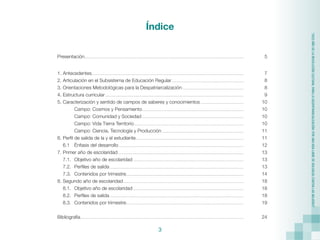 3
“2022
AÑO
DE
LA
REVOLUCIÓN
CULTURAL
PARA
LA
DESPATRIARCALIZACIÓN:
POR
UNA
VIDA
LIBRE
DE
VIOLENCIA
CONTRA
LAS
MUJERES”
Índice
Presentación.................................................................................................................................................................................. 	5
1.	Antecedentes.......................................................................................................................................................................... 	7
2.	Articulación en el Subsistema de Educación Regular................................................................................. 	8
3.	Orientaciones Metodológicas para la Despatriarcalización..................................................................... 	8
4.	Estructura curricular........................................................................................................................................................... 	9
5.	Caracterización y sentido de campos de saberes y conocimientos................................................. 	10
		 Campo: Cosmos y Pensamiento.................................................................................................................. 	10
		 Campo: Comunidad y Sociedad.................................................................................................................. 	10
		 Campo: Vida Tierra Territorio........................................................................................................................... 	10
		 Campo: Ciencia, Tecnología y Producción............................................................................................ 	11
6.	Perfil de salida de la y el estudiante......................................................................................................................... 	11
	 6.1	 Énfasis del desarrollo............................................................................................................................................ 	12
7.	Primer año de escolaridad............................................................................................................................................. 	13
	 7.1.	 Objetivo año de escolaridad............................................................................................................................ 	13
	 7.2.	 Perfiles de salida...................................................................................................................................................... 	13
	 7.3.	 Contenidos por trimestre................................................................................................................................... 	14
8.	Segundo año de escolaridad....................................................................................................................................... 	18
	 8.1.	 Objetivo año de escolaridad............................................................................................................................ 	18
	 8.2.	 Perfiles de salida...................................................................................................................................................... 	18
	 8.3.	 Contenidos por trimestre................................................................................................................................... 	19
Bibliografía....................................................................................................................................................................................... 	24
 