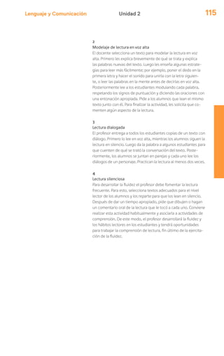 Lenguaje y Comunicación 115Unidad 2
2
Modelaje de lectura en voz alta
El docente selecciona un texto para modelar la lectura en voz
alta. Primero les explica brevemente de qué se trata y explica
las palabras nuevas del texto. Luego les enseña algunas estrate-
gias para leer más fácilmente; por ejemplo, poner el dedo en la
primera letra y hacer el sonido para unirla con la letra siguien-
te, o leer las palabras en la mente antes de decirlas en voz alta.
Posteriormente lee a los estudiantes modulando cada palabra,
respetando los signos de puntuación y diciendo las oraciones con
una entonación apropiada. Pide a los alumnos que lean el mismo
texto junto con él. Para finalizar la actividad, les solicita que co-
menten algún aspecto de la lectura.
3
Lectura dialogada
El profesor entrega a todos los estudiantes copias de un texto con
diálogo. Primero lo lee en voz alta, mientras los alumnos siguen la
lectura en silencio. Luego da la palabra a algunos estudiantes para
que cuenten de qué se trató la conversación del texto. Poste-
riormente, los alumnos se juntan en parejas y cada uno lee los
diálogos de un personaje. Practican la lectura al menos dos veces.
4
Lectura silenciosa
Para desarrollar la fluidez el profesor debe fomentar la lectura
frecuente. Para esto, selecciona textos adecuados para el nivel
lector de los alumnos y los reparte para que los lean en silencio.
Después de dar un tiempo apropiado, pide que dibujen o hagan
un comentario oral de la lectura que le tocó a cada uno. Conviene
realizar esta actividad habitualmente y asociarla a actividades de
comprensión. De este modo, el profesor desarrollará la fluidez y
los hábitos lectores en los estudiantes y tendrá oportunidades
para trabajar la comprensión de lectura, fin último de la ejercita-
ción de la fluidez.
 