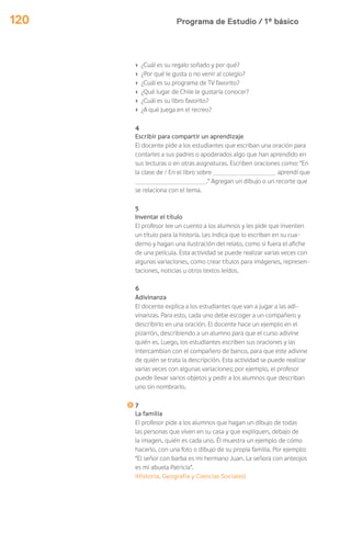 Programa de Estudio / 1º básico120
› ¿Cuál es su regalo soñado y por qué?
› ¿Por qué le gusta o no venir al colegio?
› ¿Cuál es su programa de TV favorito?
› ¿Qué lugar de Chile le gustaría conocer?
› ¿Cuál es su libro favorito?
› ¿A qué juega en el recreo?
4
Escribir para compartir un aprendizaje
El docente pide a los estudiantes que escriban una oración para
contarles a sus padres o apoderados algo que han aprendido en
sus lecturas o en otras asignaturas. Escriben oraciones como: “En
la clase de / En el libro sobre aprendí que
.” Agregan un dibujo o un recorte que
se relaciona con el tema.
5
Inventar el título
El profesor lee un cuento a los alumnos y les pide que inventen
un título para la historia. Les indica que lo escriban en su cua-
derno y hagan una ilustración del relato, como si fuera el afiche
de una película. Esta actividad se puede realizar varias veces con
algunas variaciones, como crear títulos para imágenes, represen-
taciones, noticias u otros textos leídos.
6
Adivinanza
El docente explica a los estudiantes que van a jugar a las adi-
vinanzas. Para esto, cada uno debe escoger a un compañero y
describirlo en una oración. El docente hace un ejemplo en el
pizarrón, describiendo a un alumno para que el curso adivine
quién es. Luego, los estudiantes escriben sus oraciones y las
intercambian con el compañero de banco, para que este adivine
de quién se trata la descripción. Esta actividad se puede realizar
varias veces con algunas variaciones; por ejemplo, el profesor
puede llevar varios objetos y pedir a los alumnos que describan
uno sin nombrarlo.
7
La familia
El profesor pide a los alumnos que hagan un dibujo de todas
las personas que viven en su casa y que expliquen, debajo de
la imagen, quién es cada uno. Él muestra un ejemplo de cómo
hacerlo, con una foto o dibujo de su propia familia. Por ejemplo:
“El señor con barba es mi hermano Juan. La señora con anteojos
es mi abuela Patricia”.
(Historia, Geografía y Ciencias Sociales)
 