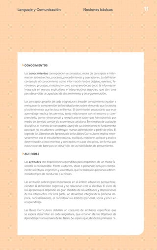 Lenguaje y Comunicación 11
CONOCIMIENTOS
Los conocimientos corresponden a conceptos, redes de conceptos e infor-
mación sobre hechos, procesos, procedimientos y operaciones. La definición
contempla el conocimiento como información (sobre objetos, eventos, fe-
nómenos, procesos, símbolos) y como comprensión, es decir, la información
integrada en marcos explicativos e interpretativos mayores, que dan base
para desarrollar la capacidad de discernimiento y de argumentación.
Los conceptos propios de cada asignatura o área del conocimiento ayudan a
enriquecer la comprensión de los estudiantes sobre el mundo que los rodea
y los fenómenos que les toca enfrentar. El dominio del vocabulario que este
aprendizaje implica les permite, tanto relacionarse con el entorno y com-
prenderlo, como reinterpretar y reexplicarse el saber que han obtenido por
medio del sentido común y la experiencia cotidiana. En el marco de cualquier
disciplina, el manejo de conceptos clave y de sus conexiones es fundamental
para que los estudiantes construyan nuevos aprendizajes a partir de ellos. El
logro de los Objetivos de Aprendizaje de las Bases Curriculares implica nece-
sariamente que el estudiante conozca, explique, relacione, aplique y analice
determinados conocimientos y conceptos en cada disciplina, de forma que
estos sirvan de base para el desarrollo de las habilidades de pensamiento.
ACTITUDES
Las actitudes son disposiciones aprendidas para responder, de un modo fa-
vorable o no favorable, frente a objetos, ideas o personas; incluyen compo-
nentes afectivos, cognitivos y valorativos, que inclinan a las personas a deter-
minados tipos de conductas o acciones.
Las actitudes cobran gran importancia en el ámbito educativo porque tras-
cienden la dimensión cognitiva y se relacionan con lo afectivo. El éxito de
los aprendizajes depende en gran medida de las actitudes y disposiciones
de los estudiantes. Por otra parte, un desarrollo integral de la persona im-
plica, necesariamente, el considerar los ámbitos personal, social y ético en
el aprendizaje.
Las Bases Curriculares detallan un conjunto de actitudes específicas que
se espera desarrollar en cada asignatura, que emanan de los Objetivos de
Aprendizaje Transversales de las Bases. Se espera que, desde los primeros ni-
Nociones básicas
 