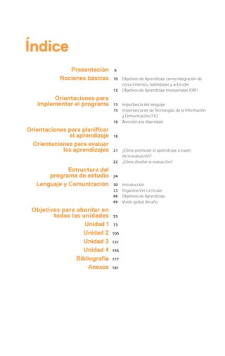 Índice
Presentación 8
Nociones básicas 10
12
Objetivos de Aprendizaje como integración de
conocimientos, habilidades y actitudes
Objetivos de Aprendizaje transversales (OAT)
Orientaciones para
implementar el programa 13
15
16
Importancia del lenguaje
Importancia de las Tecnologías de la Información
y Comunicación (TIC)
Atención a la diversidad
Orientaciones para planificar
el aprendizaje 18
Orientaciones para evaluar
los aprendizajes 21
22
¿Cómo promover el aprendizaje a través
de la evaluación?
¿Cómo diseñar la evaluación?
Estructura del
programa de estudio 24
Lenguaje y Comunicación 30
33
46
49
Introducción
Organización curricular
Objetivos de Aprendizaje
Visión global del año
Objetivos para abordar en
todas las unidades 55
Unidad 1 73
Unidad 2 105
Unidad 3 131
Unidad 4 155
Bibliografía 177
Anexos 181
 