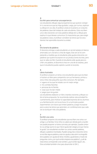 Lenguaje y Comunicación 93Unidad 1
4
Escribir para comunicar una experiencia
Los estudiantes dibujan alguna experiencia que quieran compar-
tir o una lectura que les haya gustado. Luego, por turnos, explican
su dibujo en voz alta. El profesor anota en la pizarra un conjunto
de palabras clave del trabajo de cada estudiante. Estos escriben
una o dos oraciones con esas palabras debajo de su dibujo para
explicar lo que desean comunicar. Es importante que, para elegir
las palabras clave, el profesor considere las letras que los estu-
diantes han aprendido durante la unidad.
5
Diccionario de palabras
El docente entrega a cada estudiante un set de tarjetas en blanco
amarradas con una lana o cinta de regalo. Este set se irá com-
pletando a medida que el estudiante pida ayuda al docente con
palabras que quiere incorporar en sus producciones escritas, pero
que no sabe escribir. Cuando el estudiante pide ayuda para es-
cribir una palabra, el docente lo hace en una de las tarjetas, para
que el estudiante pueda copiarla cuando la necesite.
6
Libros ilustrados
El profesor propone un tema a los estudiantes para que escriban
e ilustren un libro para compartirlo con sus hermanos, primos u
otros niños más pequeños que ellos conozcan. Por ejemplo:
› lugares en los que he estado con mi mejor amigo
› mis comidas favoritas
› personas de mi familia
› cosas que me dan miedo
› juegos que me gustan
Los estudiantes elaboran un libro creando oraciones y dibujos so-
bre el tema propuesto. Se recomienda realizar esta actividad fre-
cuentemente, para motivar la capacidad expresiva de los alumnos
y su familiarización con la escritura. En un principio pueden
experimentar con trazos que imiten palabras y luego incorporar
poco a poco las letras que aprenden, en combinaciones que cada
vez se acerquen más a las palabras.
7
Escribir una carta
El profesor propone a los estudiantes que escriban una carta a un
amigo o un familiar. Si los niños no saben por dónde partir, el profe-
sor puede proponer un tema concreto; por ejemplo, “puede contar-
le a su amigo qué es lo que más le gusta del colegio y lo que menos
le gusta”. Los estudiantes escriben sus cartas usando palabras,
dibujos o palabras inventadas. Pueden preguntar al docente cómo
se escribe alguna palabra y este los ayuda a descubrir la ortografía
de la palabra con ayuda de letras móviles y guiándolos a través de
preguntas como ¿con qué sonido empieza esa palabra?, ¿cuál de
estas letras corresponde a ese sonido?, ¿qué sonido sigue?, etc.
Esta actividad también sirve para desarrollar el OA 3.
 