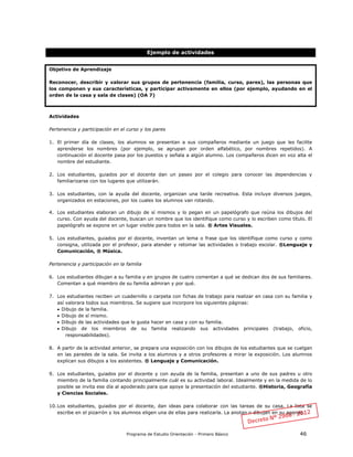 Programa de Estudio Orientación - Primero Básico 46
Ejemplo de actividades
Objetivo de Aprendizaje
Reconocer, describir y valorar sus grupos de pertenencia (familia, curso, pares), las personas que
los componen y sus características, y participar activamente en ellos (por ejemplo, ayudando en el
orden de la casa y sala de clases) (OA 7)
Actividades
Pertenencia y participación en el curso y los pares
1. El primer día de clases, los alumnos se presentan a sus compañeros mediante un juego que les facilite
aprenderse los nombres (por ejemplo, se agrupan por orden alfabético, por nombres repetidos). A
continuación el docente pasa por los puestos y señala a algún alumno. Los compañeros dicen en voz alta el
nombre del estudiante.
2. Los estudiantes, guiados por el docente dan un paseo por el colegio para conocer las dependencias y
familiarizarse con los lugares que utilizarán.
3. Los estudiantes, con la ayuda del docente, organizan una tarde recreativa. Esta incluye diversos juegos,
organizados en estaciones, por los cuales los alumnos van rotando.
4. Los estudiantes elaboran un dibujo de sí mismos y lo pegan en un papelógrafo que reúna los dibujos del
curso. Con ayuda del docente, buscan un nombre que los identifique como curso y lo escriben como título. El
papelógrafo se expone en un lugar visible para todos en la sala. ® Artes Visuales.
5. Los estudiantes, guiados por el docente, inventan un lema o frase que los identifique como curso y como
consigna, utilizada por el profesor, para atender y retomar las actividades o trabajo escolar. ®Lenguaje y
Comunicación, ® Música.
Pertenencia y participación en la familia
6. Los estudiantes dibujan a su familia y en grupos de cuatro comentan a qué se dedican dos de sus familiares.
Comentan a qué miembro de su familia admiran y por qué.
7. Los estudiantes reciben un cuadernillo o carpeta con fichas de trabajo para realizar en casa con su familia y
así valorara todos sus miembros. Se sugiere que incorpore los siguientes páginas:
 Dibujo de la familia.
 Dibujo de sí mismo.
 Dibujo de las actividades que le gusta hacer en casa y con su familia.
 Dibujo de los miembros de su familia realizando sus actividades principales (trabajo, oficio,
responsabilidades).
8. A partir de la actividad anterior, se prepara una exposición con los dibujos de los estudiantes que se cuelgan
en las paredes de la sala. Se invita a los alumnos y a otros profesores a mirar la exposición. Los alumnos
explican sus dibujos a los asistentes. ® Lenguaje y Comunicación.
9. Los estudiantes, guiados por el docente y con ayuda de la familia, presentan a uno de sus padres u otro
miembro de la familia contando principalmente cuál es su actividad laboral. Idealmente y en la medida de lo
posible se invita ese día al apoderado para que apoye la presentación del estudiante. ®Historia, Geografía
y Ciencias Sociales.
10.Los estudiantes, guiados por el docente, dan ideas para colaborar con las tareas de su casa. La lista se
escribe en el pizarrón y los alumnos eligen una de ellas para realizarla. La anotan o dibujan en su agenda.
 
