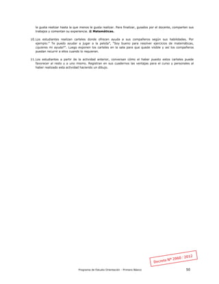 Programa de Estudio Orientación - Primero Básico 50
le gusta realizar hasta la que menos le gusta realizar. Para finalizar, guiados por el docente, comparten sus
trabajos y comentan su experiencia. ® Matemáticas.
10.Los estudiantes realizan carteles donde ofrecen ayuda a sus compañeros según sus habilidades. Por
ejemplo:” Te puedo ayudar a jugar a la pelota”, “Soy bueno para resolver ejercicios de matemáticas,
¿quieres mi ayuda?”. Luego exponen los carteles en la sala para que quede visible y así los compañeros
puedan recurrir a ellos cuando lo requieran.
11.Los estudiantes a partir de la actividad anterior, conversan cómo el haber puesto estos carteles puede
favorecer al resto y a uno mismo. Registran en sus cuadernos las ventajas para el curso y personales al
haber realizado esta actividad haciendo un dibujo.
 