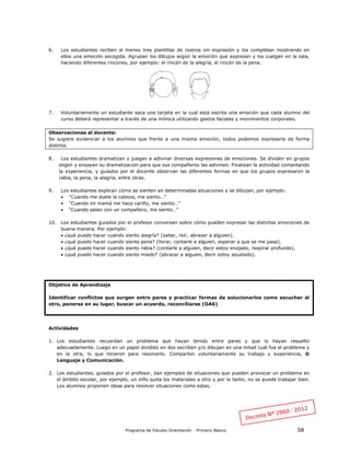 Programa de Estudio Orientación - Primero Básico 58
6. Los estudiantes reciben al menos tres plantillas de rostros sin expresión y los completan mostrando en
ellos una emoción escogida. Agrupan los dibujos según la emoción que expresan y los cuelgan en la sala,
haciendo diferentes rincones, por ejemplo: el rincón de la alegría, el rincón de la pena.
7. Voluntariamente un estudiante saca una tarjeta en la cual está escrita una emoción que cada alumno del
curso deberá representar a través de una mímica utilizando gestos faciales y movimientos corporales.
Observaciones al docente:
Se sugiere evidenciar a los alumnos que frente a una misma emoción, todos podemos expresarla de forma
distinta.
8. Los estudiantes dramatizan y juegan a adivinar diversas expresiones de emociones. Se dividen en grupos
eligen y ensayan su dramatización para que sus compañeros las adivinen. Finalizan la actividad comentando
la experiencia, y guiados por el docente observan las diferentes formas en que los grupos expresaron la
rabia, la pena, la alegría, entre otras.
9. Los estudiantes explican cómo se sienten en determinadas situaciones y se dibujan, por ejemplo:
 “Cuando me duele la cabeza, me siento…”
 “Cuando mi mamá me hace cariño, me siento…”
 “Cuando peleo con un compañero, me siento…”
10. Los estudiantes guiados por el profesor conversan sobre cómo pueden expresar las distintas emociones de
buena manera. Por ejemplo:
 ¿qué puedo hacer cuando siento alegría? (saltar, reír, abrazar a alguien).
 ¿qué puedo hacer cuando siento pena? (llorar, contarle a alguien, esperar a que se me pase).
 ¿qué puedo hacer cuando siento rabia? (contarle a alguien, decir estoy enojado, respirar profundo).
 ¿qué puedo hacer cuando siento miedo? (abrazar a alguien, decir estoy asustado).
Objetivo de Aprendizaje
Identificar conflictos que surgen entre pares y practicar formas de solucionarlos como escuchar al
otro, ponerse en su lugar, buscar un acuerdo, reconciliarse (OA6)
Actividades
1. Los estudiantes recuerdan un problema que hayan tenido entre pares y que lo hayan resuelto
adecuadamente. Luego en un papel dividido en dos escriben y/o dibujan en una mitad cuál fue el problema y
en la otra, lo que hicieron para resolverlo. Comparten voluntariamente su trabajo y experiencia. ®
Lenguaje y Comunicación.
2. Los estudiantes, guiados por el profesor, dan ejemplos de situaciones que pueden provocar un problema en
el ámbito escolar, por ejemplo, un niño quita los materiales a otro y por lo tanto, no se puede trabajar bien.
Los alumnos proponen ideas para resolver situaciones como estas.
 