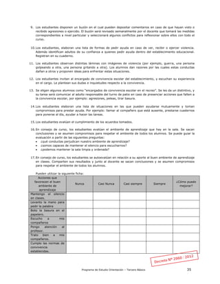 Programa de Estudio Orientación – Tercero Básico 35
9. Los estudiantes disponen un buzón en el cual pueden depositar comentarios en caso de que hayan visto o
recibido agresiones o ejercido. El buzón será revisado semanalmente por el docente que tomará las medidas
correspondientes a nivel particular y seleccionará algunos conflictos para reflexionar sobre ellos con todo el
curso.
10.Los estudiantes, elaboran una lista de formas de pedir ayuda en caso de ver, recibir o ejercer violencia.
Además identifican adultos de su confianza a quienes pedir ayuda dentro del establecimiento educacional.
Registran en su cuaderno.
11. Los estudiantes observan distintas láminas con imágenes de violencia (por ejemplo, guerra, una persona
golpeando a otra, una persona gritando a otra). Los alumnos dan razones por las cuales estas conductas
dañan a otros y proponen ideas para enfrentar estas situaciones.
12. Los estudiantes invitan al encargado de convivencia escolar del establecimiento, y escuchan su experiencia
en el cargo. Le plantean sus dudas e inquietudes respecto a la convivencia.
13. Se eligen algunos alumnos como “encargados de convivencia escolar en el recreo”. Se les da un distintivo, y
su tarea será comunicar al adulto responsable del turno de patio en caso de presenciar acciones que falten a
la convivencia escolar, por ejemplo: agresiones, peleas, tirar basura.
14.Los estudiantes elaboran una lista de situaciones en las que pueden ayudarse mutuamente y toman
compromisos para prestar ayuda. Por ejemplo: llamar al compañero que está ausente, prestarse cuadernos
para ponerse al día, ayudar a hacer las tareas.
15.Los estudiantes evalúan el cumplimiento de los acuerdos tomados.
16.En consejo de curso, los estudiantes evalúan el ambiente de aprendizaje que hay en la sala. Se sacan
conclusiones y se asumen compromisos para respetar el ambiente de todos los alumnos. Se puede guiar la
evaluación a partir de las siguientes preguntas:
 ¿qué conductas perjudican nuestro ambiente de aprendizaje?
 ¿somos capaces de mantener el silencio para escucharnos?
 ¿podemos mantener la sala limpia y ordenada?
17.En consejo de curso, los estudiantes se autoevalúan en relación a su aporte al buen ambiente de aprendizaje
en clases. Comparten sus resultados y junto al docente se sacan conclusiones y se asumen compromisos
para respetar el ambiente de todos los alumnos.
Pueden utilizar la siguiente ficha:
Acciones que
favorecen el buen
ambiente de
aprendizaje
Nunca Casi Nunca Casi siempre Siempre
¿Cómo puedo
mejorar?
Mantengo el silencio
en clases.
Levanto la mano para
pedir la palabra
Boto la basura en el
papelero.
Escucho a mis
compañeros
Pongo atención al
profesor.
Trato bien a mis
compañeros.
Cumplo las normas de
convivencia
establecidas.
 