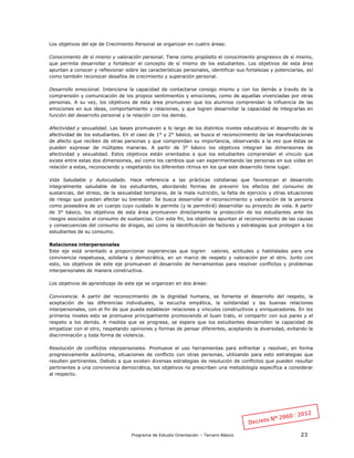 Programa de Estudio Orientación – Tercero Básico 23
Los objetivos del eje de Crecimiento Personal se organizan en cuatro áreas:
Conocimiento de sí mismo y valoración personal. Tiene como propósito el conocimiento progresivo de sí mismo,
que permita desarrollar y fortalecer el concepto de sí mismo de los estudiantes. Los objetivos de esta área
apuntan a conocer y reflexionar sobre las características personales, identificar sus fortalezas y potenciarlas, así
como también reconocer desafíos de crecimiento y superación personal.
Desarrollo emocional. Intenciona la capacidad de contactarse consigo mismo y con los demás a través de la
comprensión y comunicación de los propios sentimientos y emociones, como de aquellas vivenciadas por otras
personas. A su vez, los objetivos de esta área promueven que los alumnos comprendan la influencia de las
emociones en sus ideas, comportamiento y relaciones, y que logren desarrollar la capacidad de integrarlas en
función del desarrollo personal y la relación con los demás.
Afectividad y sexualidad. Las bases promueven a lo largo de los distintos niveles educativos el desarrollo de la
afectividad de los estudiantes. En el caso de 1° y 2° básico, se busca el reconocimiento de las manifestaciones
de afecto que reciben de otras personas y que comprendan su importancia, observando a la vez que éstas se
pueden expresar de múltiples maneras. A partir de 3° básico los objetivos integran las dimensiones de
afectividad y sexualidad. Estos objetivos están orientados a que los estudiantes comprendan el vínculo que
existe entre estas dos dimensiones, así como los cambios que van experimentando las personas en sus vidas en
relación a estas, reconociendo y respetando los diferentes ritmos en los que este desarrollo tiene lugar.
Vida Saludable y Autocuidado. Hace referencia a las prácticas cotidianas que favorezcan el desarrollo
integralmente saludable de los estudiantes, abordando formas de prevenir los efectos del consumo de
sustancias, del stress, de la sexualidad temprana, de la mala nutrición, la falta de ejercicio y otras situaciones
de riesgo que puedan afectar su bienestar. Se busca desarrollar el reconocimiento y valoración de la persona
como poseedora de un cuerpo cuyo cuidado le permite (y le permitirá) desarrollar su proyecto de vida. A partir
de 3° básico, los objetivos de esta área promueven directamente la protección de los estudiantes ante los
riesgos asociados al consumo de sustancias. Con este fin, los objetivos apuntan al reconocimiento de las causas
y consecuencias del consumo de drogas, así como la identificación de factores y estrategias que protegen a los
estudiantes de su consumo.
Relaciones interpersonales
Este eje está orientado a proporcionar experiencias que logren valores, actitudes y habilidades para una
convivencia respetuosa, solidaria y democrática, en un marco de respeto y valoración por el otro. Junto con
esto, los objetivos de este eje promueven el desarrollo de herramientas para resolver conflictos y problemas
interpersonales de manera constructiva.
Los objetivos de aprendizaje de este eje se organizan en dos áreas:
Convivencia. A partir del reconocimiento de la dignidad humana, se fomenta el desarrollo del respeto, la
aceptación de las diferencias individuales, la escucha empática, la solidaridad y las buenas relaciones
interpersonales, con el fin de que pueda establecer relaciones y vínculos constructivos y enriquecedores. En los
primeros niveles esto se promueve principalmente promoviendo el buen trato, el compartir con sus pares y el
respeto a los demás. A medida que se progresa, se espera que los estudiantes desarrollen la capacidad de
empatizar con el otro, respetando opiniones y formas de pensar diferentes, aceptando la diversidad, evitando la
discriminación y toda forma de violencia.
Resolución de conflictos interpersonales. Promueve el uso herramientas para enfrentar y resolver, en forma
progresivamente autónoma, situaciones de conflicto con otras personas, utilizando para esto estrategias que
resulten pertinentes. Debido a que existen diversas estrategias de resolución de conflictos que pueden resultar
pertinentes a una convivencia democrática, los objetivos no prescriben una metodología específica a considerar
al respecto.
 