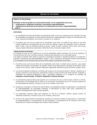 Programa de Estudio Orientación – Tercero Básico 32
Ejemplo de actividades
Objetivo de Aprendizaje
Participar en forma guiada en la comunidad escolar y en la organización del curso:
 proponiendo y aceptando iniciativas y asumiendo responsabilidades
 respetando los derechos de los demás en la distribución de roles y responsabilidades
(OA 7)
Actividades
1. Los estudiantes escuchan del docente una explicación sobre lo que es el consejo de curso. Escriben una lista
de actividades que realizarán en esta instancia (división de responsabilidades, analizar el funcionamiento del
curso, organizar actividades, entre otras) y la copian en su cuaderno.
2. El profesor guía una lluvia de ideas de los estudiantes, para hacer un listado de las tareas en que ellos
pueden colaborar en la organización del curso como por ejemplo: repartir los materiales, borrar el pizarrón,
pasar la lista, abrir las ventanas durante el recreo, poner la fecha, mantener diario mural, entre otras.
Luego, proponen ideas para organizarse, definiendo turnos, funciones, cargos y otros.
Observaciones al docente:
El consejo de curso es una instancia en la cual los estudiantes podrán participar con el fin de organizar el
funcionamiento del curso y también proponer iniciativas para participar en su comunidad escolar.
Se sugiere al docente estar atento a promover la igualdad de derechos y equidad de género en la definición,
elección y distribución de responsabilidades, cargos u otros. También se recomienda cambiar semanalmente
los encargados de las distintas tareas para que todos tengan la posibilidad de participar.
3. El profesor guía una lluvia de ideas de los estudiantes, para hacer un listado de las acciones que pueden
realizar para ayudarse mutuamente. Por ejemplo: llamar al que está enfermo, ayudarse en las tareas, invitar
a jugar en los recreos. Luego, proponen ideas para organizarse, definiendo turnos, funciones, cargos y otros.
4. Los alumnos plantean problemas y conflictos que surgen en la convivencia escolar y familiar. Guiados por el
docente, expresan sus percepciones, experiencias e ideas y buscan formas para darles solución, acogiendo y
respetando las distintas percepciones, ideas y propuestas. Registran en su cuaderno los acuerdos. ®
Lenguaje y Comunicación. ® Historia, Geografía y Ciencias Sociales.
5. Los estudiantes proponen ideas para organizar una convivencia de curso o entre amigos. Definen, la música,
la decoración, las actividades que se harán en la convivencia, los alimentos que van a consumir quiénes son
los responsables de traerlos, el horario en que se va a realizar, entre otras.
6. Guiados por el docente, al término de cada bimestre, los estudiantes evalúan la organización y cumplimiento
de responsabilidades, las actividades realizadas, la participación en ellas, entre otras, proponiendo en
conjunto estrategias para mejorar ambos aspectos.
7. Los estudiantes proponen ideas para organizar un “día de la limpieza”. Definen quiénes traerán los
materiales necesarios, el horario en que se va a realizar, entre otros.
8. Al término de cada bimestre los estudiantes, guiados por el docente, evalúan la organización y cumplimiento
de responsabilidades, el funcionamiento de las actividades, el cumplimiento de los acuerdos, entre otras,
proponiendo en conjunto estrategias para mejorar ambos aspectos.
 