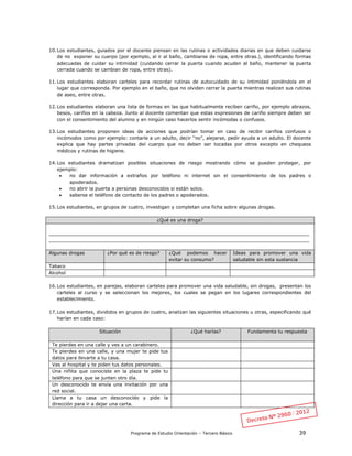Programa de Estudio Orientación – Tercero Básico 39
10.Los estudiantes, guiados por el docente piensan en las rutinas o actividades diarias en que deben cuidarse
de no exponer su cuerpo (por ejemplo, al ir al baño, cambiarse de ropa, entre otras.), identificando formas
adecuadas de cuidar su intimidad (cuidando cerrar la puerta cuando acuden al baño, mantener la puerta
cerrada cuando se cambian de ropa, entre otras).
11.Los estudiantes elaboran carteles para recordar rutinas de autocuidado de su intimidad poniéndola en el
lugar que corresponda. Por ejemplo en el baño, que no olviden cerrar la puerta mientras realicen sus rutinas
de aseo, entre otras.
12.Los estudiantes elaboran una lista de formas en las que habitualmente reciben cariño, por ejemplo abrazos,
besos, cariños en la cabeza. Junto al docente comentan que estas expresiones de cariño siempre deben ser
con el consentimiento del alumno y en ningún caso hacerlos sentir incómodas o confusos.
13.Los estudiantes proponen ideas de acciones que podrían tomar en caso de recibir cariños confusos o
incómodos como por ejemplo: contarle a un adulto, decir “no”, alejarse, pedir ayuda a un adulto. El docente
explica que hay partes privadas del cuerpo que no deben ser tocadas por otros excepto en chequeos
médicos y rutinas de higiene.
14.Los estudiantes dramatizan posibles situaciones de riesgo mostrando cómo se pueden proteger, por
ejemplo:
 no dar información a extraños por teléfono ni internet sin el consentimiento de los padres o
apoderados.
 no abrir la puerta a personas desconocidos si están solos.
 saberse el teléfono de contacto de los padres o apoderados.
15.Los estudiantes, en grupos de cuatro, investigan y completan una ficha sobre algunas drogas.
¿Qué es una droga?
_________________________________________________________________________________________
_________________________________________________________________________________________
Algunas drogas ¿Por qué es de riesgo? ¿Qué podemos hacer
evitar su consumo?
Ideas para promover una vida
saludable sin esta sustancia
Tabaco
Alcohol
16.Los estudiantes, en parejas, elaboran carteles para promover una vida saludable, sin drogas, presentan los
carteles al curso y se seleccionan los mejores, los cuales se pegan en los lugares correspondientes del
establecimiento.
17.Los estudiantes, divididos en grupos de cuatro, analizan las siguientes situaciones u otras, especificando qué
harían en cada caso:
Situación ¿Qué harías? Fundamenta tu respuesta
Te pierdes en una calle y ves a un carabinero.
Te pierdes en una calle, y una mujer te pide tus
datos para llevarte a tu casa.
Vas al hospital y te piden tus datos personales.
Una niñita que conociste en la plaza te pide tu
teléfono para que se junten otro día.
Un desconocido te envía una invitación por una
red social.
Llama a tu casa un desconocido y pide la
dirección para ir a dejar una carta.
 