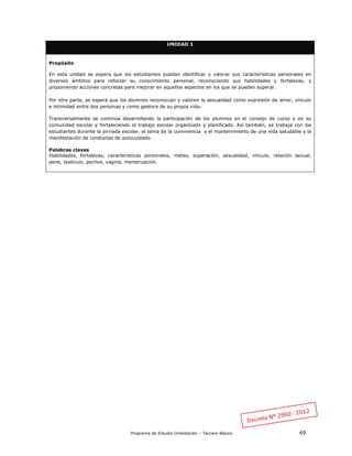 Programa de Estudio Orientación – Tercero Básico 49
UNIDAD 1
Propósito
En esta unidad se espera que los estudiantes puedan identificar y valorar sus características personales en
diversos ámbitos para reforzar su conocimiento personal, reconociendo sus habilidades y fortalezas, y
proponiendo acciones concretas para mejorar en aquellos aspectos en los que se pueden superar.
Por otra parte, se espera que los alumnos reconozcan y valoren la sexualidad como expresión de amor, vínculo
e intimidad entre dos personas y como gestora de su propia vida.
Transversalmente se continúa desarrollando la participación de los alumnos en el consejo de curso y en su
comunidad escolar y fortaleciendo el trabajo escolar organizado y planificado. Así también, se trabaja con los
estudiantes durante la jornada escolar, el tema de la convivencia y el mantenimiento de una vida saludable y la
manifestación de conductas de autocuidado.
Palabras claves
Habilidades, fortalezas, características personales, metas, superación, sexualidad, vínculo, relación sexual,
pene, testículo, pechos, vagina, menstruación.
 