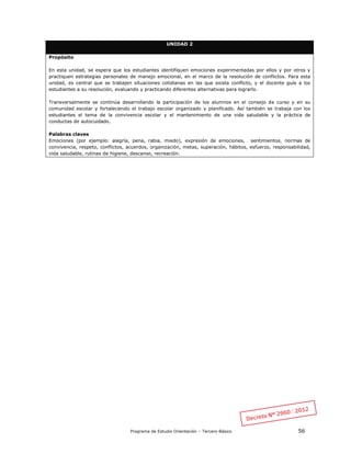 Programa de Estudio Orientación – Tercero Básico 56
UNIDAD 2
Propósito
En esta unidad, se espera que los estudiantes identifiquen emociones experimentadas por ellos y por otros y
practiquen estrategias personales de manejo emocional, en el marco de la resolución de conflictos. Para esta
unidad, es central que se trabajen situaciones cotidianas en las que exista conflicto, y el docente guíe a los
estudiantes a su resolución, evaluando y practicando diferentes alternativas para lograrlo.
Transversalmente se continúa desarrollando la participación de los alumnos en el consejo de curso y en su
comunidad escolar y fortaleciendo el trabajo escolar organizado y planificado. Así también se trabaja con los
estudiantes el tema de la convivencia escolar y el mantenimiento de una vida saludable y la práctica de
conductas de autocuidado.
Palabras claves
Emociones (por ejemplo: alegría, pena, rabia, miedo), expresión de emociones, sentimientos, normas de
convivencia, respeto, conflictos, acuerdos, organización, metas, superación, hábitos, esfuerzo, responsabilidad,
vida saludable, rutinas de higiene, descanso, recreación.
 