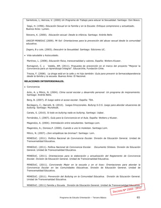 Programa de Estudio Orientación – Tercero Básico 65
Santelices, L; Astroza, V. (2000) Un Programa de Trabajo para educar la Sexualidad. Santiago: Don Bosco.
Segú, H. (1996). Educación Sexual en la Familia y en la Escuela: Enfoque comprensivo y actualizado.
Buenos Aires: Lumen.
Stevens, K. (2000). Educación sexual: Desde la infancia. Santiago: Andrés Bello
UNICEF-MINEDUC (2009). Mi Sol: Orientaciones para la prevención del abuso sexual desde la comunidad
educativa.
Zegers, B y cols. (2003). Descubrir la Sexualidad. Santiago: Ediciones UC.
 Vida saludable y Autocuidado.
Martínez, L. (2008). Educación física, transversalidad y valores. España: Wolters Kluwer.
Romagnoli, C. y Valdés, AM. (2011). Propuesta de prevención en el marco del proyecto “Mejorar la
Convivencia para un Aprendizaje Integral”. Educarchile, Fundación Chile.
Trezza, F. (2008). La droga está en la calle y mi hijo también: Guía para prevenir la farmacodependencia
desde la familia y la escuela. Buenos Aires: El Nacional.
RELACIONES INTERPERSONALES.
 Convivencia
Arón, A. y Milicic, N. (2004). Clima social escolar y desarrollo personal: Un programa de mejoramiento.
Santiago: Andrés Bello.
Berg, B. (2007). El Juego sobre el acoso escolar. España: TEA.
Bordagory, C.; Barceló, N. (2010). Juegos Emocionales. Bullyng S.O.S. Juego para abordar situaciones de
bullying. Santiago: Munditodt.
Canals, S. (2010). Si todo es bullying nada es bullying. Santiago: Uqbar.
Fernández, I. (2007). Guía para la Convivencia en el Aula. España: Wolters y Kluwer.
Magendzo, A. (2004). Intimidación entre estudiantes. Santiago:Lom.
Magendzo, A.; Donoso,P. (2000). Cuando a uno lo molestan. Santiago:Lom.
Milicic, N. (2007). ¿Son simpáticas las bromas?. Santiago: Lom.
MINEDUC. (2011). Política Nacional de Convivencia Escolar. División de Educación General. Unidad de
Transversalidad Educativa.
MINEDUC. (2011). Política Nacional de Convivencia Escolar. Documento Síntesis. División de Educación
General. Unidad de Transversalidad Educativa.
MINEDUC. (2011). Orientaciones para la elaboración y actualización del Reglamento de Convivencia
Escolar. División de Educación General. Unidad de Transversalidad Educativa.
MINEDUC. (2011). Conviviendo Mejor en la escuela y en el liceo: Orientaciones para abordar la
Convivencia Escolar en las Comunidades Educativas. División de Educación General. Unidad de
Transversalidad Educativa.
MINEDUC. (2011). Prevención del Bullying en la Comunidad Educativa. División de Educación General.
Unidad de Transversalidad Educativa.
MINEDUC. (2011) Familia y Escuela. División de Educación General. Unidad de Transversalidad Educativa.
 