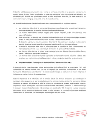 10
Programa de Estudio Orientación - Cuarto Básico
Si bien las habilidades de comunicación oral y escrita no son la vía primordial de las presentes asignaturas, no
pueden dejarse de lado. Deben considerarse, en todas las asignaturas, como herramientas que apoyan a los
estudiantes para alcanzar los aprendizajes propios de cada asignatura. Para esto, se debe estimular a los
alumnos a manejar un lenguaje enriquecido en las diversas situaciones.
Así, en todas las asignaturas y a partir de primero básico, se sugiere incluir los siguientes aspectos:
 Los estudiantes deben tener la oportunidad de expresar espontáneamente, sensaciones, impresiones,
emociones e ideas que les sugieran diversas manifestaciones artísticas.
 Los alumnos deben sentirse siempre acogidos para expresar preguntas, dudas e inquietudes y para
superar dificultades.
 Debe permitirse a los alumnos usar el juego y la interacción con otros para intercambiar ideas, compartir
puntos de vista, plantear discrepancias, lograr acuerdos y aceptar los resultados.
 En todas las asignaturas, los alumnos deben desarrollar la disposición para escuchar, manteniendo la
atención durante el tiempo requerido, y luego usar esa información con diversos propósitos.
 En todas las asignaturas debe darse la oportunidad para la expresión de ideas y conocimientos de
manera organizada frente a una audiencia y la formulación de opiniones fundamentadas.
 Los alumnos deben dominar la lectura comprensiva de textos con dibujos, diagramas, tablas, íconos,
mapas y gráficos con relación a la asignatura.
 Los alumnos deben aprender a organizar y presentar la información mediante esquemas o tablas. Esto
constituye una excelente oportunidad para aclarar, ordenar, reorganizar y asimilar su conocimiento.
5. Importancia de las Tecnologías de la Información y la Comunicación (TIC)
El desarrollo de las capacidades para utilizar las tecnologías de la información y la comunicación (TIC) está
contemplado de manera explícita como uno de los Objetivos de Aprendizaje Transversales de las Bases
Curriculares. Esto demanda que el dominio y el uso de estas tecnologías se promuevan de manera integrada al
trabajo que se realiza al interior de las asignaturas.
Dada la importancia de la informática en el contexto actual, las diversas asignaturas que constituyen el
currículum deben asegurarse de que los estudiantes, en los primeros niveles, dominen las operaciones básicas
(encendido y apagado del cámaras de video y fotográficas, comandos de software especializados, conectar
dispositivos, uso del teclado) cada vez que se utilicen en diversas actividades y contextos. Lo anterior constituye
la base para el desarrollo de habilidades más complejas con relación a las TIC. El referente a utilizar para estos
aprendizajes son los Objetivos de Aprendizaje del eje TIC de la asignatura de Tecnología. En dicho eje se explicita
una secuencia de aprendizaje, con el desempeño requerido para cada año escolar.
 