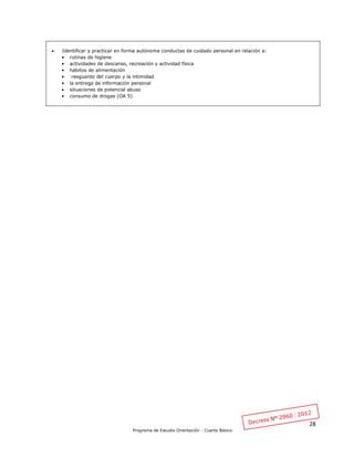 28
Programa de Estudio Orientación - Cuarto Básico
 Identificar y practicar en forma autónoma conductas de cuidado personal en relación a:
• rutinas de higiene
• actividades de descanso, recreación y actividad física
• hábitos de alimentación
• resguardo del cuerpo y la intimidad
• la entrega de información personal
 situaciones de potencial abuso
• consumo de drogas (OA 5)
 