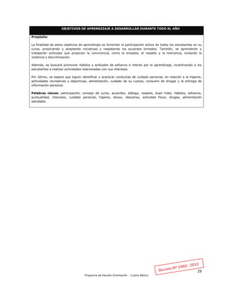 29
Programa de Estudio Orientación - Cuarto Básico
OBJETIVOS DE APRENDIZAJE A DESARROLLAR DURANTE TODO EL AÑO
Propósito
La finalidad de estos objetivos de aprendizaje es fomentar la participación activa de todos los estudiantes en su
curso, propiciando y aceptando iniciativas y respetando los acuerdos tomados. También, se aprenderán y
trabajarán actitudes que propician la convivencia, como la empatía, el respeto y la tolerancia, evitando la
violencia y discriminación.
Además, se buscará promover hábitos y actitudes de esfuerzo e interés por el aprendizaje, incentivando a los
estudiantes a realizar actividades relacionadas con sus intereses.
Por último, se espera que logren identificar y practicar conductas de cuidado personal, en relación a la higiene,
actividades recreativas y deportivas, alimentación, cuidado de su cuerpo, consumo de drogas y la entrega de
información personal.
Palabras claves: participación, consejo de curso, acuerdos, diálogo, respeto, buen trato, hábitos, esfuerzo,
puntualidad, intereses, cuidado personal, higiene, abuso, descanso, actividad física, drogas, alimentación
saludable.
 