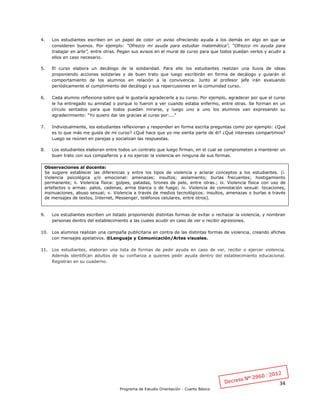 34
Programa de Estudio Orientación - Cuarto Básico
4. Los estudiantes escriben en un papel de color un aviso ofreciendo ayuda a los demás en algo en que se
consideren buenos. Por ejemplo: “Ofrezco mi ayuda para estudiar matemática”, “Ofrezco mi ayuda para
trabajar en arte”, entre otras. Pegan sus avisos en el mural de curso para que todos puedan verlos y acudir a
ellos en caso necesario.
5. El curso elabora un decálogo de la solidaridad. Para ello los estudiantes realizan una lluvia de ideas
proponiendo acciones solidarias y de buen trato que luego escribirán en forma de decálogo y guiarán el
comportamiento de los alumnos en relación a la convivencia. Junto al profesor jefe irán evaluando
periódicamente el cumplimiento del decálogo y sus repercusiones en la comunidad curso.
6. Cada alumno reflexiona sobre qué le gustaría agradecerle a su curso. Por ejemplo, agradecer por que el curso
le ha entregado su amistad o porque lo fueron a ver cuando estaba enfermo, entre otras. Se forman en un
círculo sentados para que todos puedan mirarse, y luego uno a uno los alumnos van expresando su
agradecimiento: “Yo quiero dar las gracias al curso por:...”
7. Individualmente, los estudiantes reflexionan y responden en forma escrita preguntas como por ejemplo: ¿Qué
es lo que más me gusta de mi curso? ¿Qué hace que yo me sienta parte de él? ¿Qué intereses compartimos?
Luego se reúnen en parejas y socializan las respuestas.
8. Los estudiantes elaboran entre todos un contrato que luego firman, en el cual se comprometen a mantener un
buen trato con sus compañeros y a no ejercer la violencia en ninguna de sus formas.
Observaciones al docente:
Se sugiere establecer las diferencias y entre los tipos de violencia y aclarar conceptos a los estudiantes. (i.
Violencia psicológica y/o emocional: amenazas; insultos; aislamiento; burlas frecuentes; hostigamiento
permanente; ii. Violencia física: golpes, patadas, tirones de pelo, entre otras.; iii. Violencia física con uso de
artefactos o armas: palos, cadenas, arma blanca o de fuego; iv. Violencia de connotación sexual: tocaciones,
insinuaciones, abuso sexual; v. Violencia a través de medios tecnológicos: insultos, amenazas o burlas a través
de mensajes de textos, Internet, Messenger, teléfonos celulares, entre otros).
9. Los estudiantes escriben un listado proponiendo distintas formas de evitar o rechazar la violencia, y nombran
personas dentro del establecimiento a las cuales acudir en caso de ver o recibir agresiones.
10. Los alumnos realizan una campaña publicitaria en contra de las distintas formas de violencia, creando afiches
con mensajes apelativos. ®Lenguaje y Comunicación/Artes visuales.
11. Los estudiantes, elaboran una lista de formas de pedir ayuda en caso de ver, recibir o ejercer violencia.
Además identifican adultos de su confianza a quienes pedir ayuda dentro del establecimiento educacional.
Registran en su cuaderno.
 