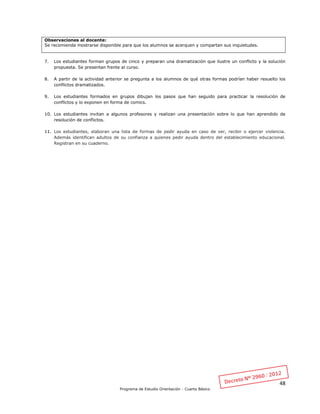 48
Programa de Estudio Orientación - Cuarto Básico
Observaciones al docente:
Se recomienda mostrarse disponible para que los alumnos se acerquen y compartan sus inquietudes.
7. Los estudiantes forman grupos de cinco y preparan una dramatización que ilustre un conflicto y la solución
propuesta. Se presentan frente al curso.
8. A partir de la actividad anterior se pregunta a los alumnos de qué otras formas podrían haber resuelto los
conflictos dramatizados.
9. Los estudiantes formados en grupos dibujan los pasos que han seguido para practicar la resolución de
conflictos y lo exponen en forma de comics.
10. Los estudiantes invitan a algunos profesores y realizan una presentación sobre lo que han aprendido de
resolución de conflictos.
11. Los estudiantes, elaboran una lista de formas de pedir ayuda en caso de ver, recibir o ejercer violencia.
Además identifican adultos de su confianza a quienes pedir ayuda dentro del establecimiento educacional.
Registran en su cuaderno.
 