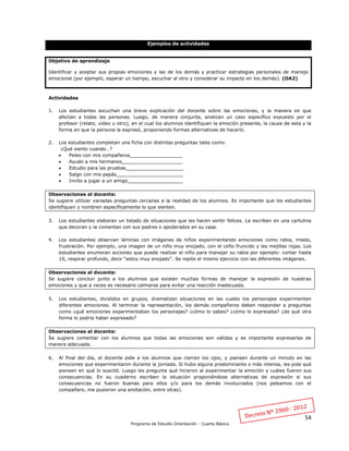 54
Programa de Estudio Orientación - Cuarto Básico
Ejemplos de actividades
Objetivo de aprendizaje
Identificar y aceptar sus propias emociones y las de los demás y practicar estrategias personales de manejo
emocional (por ejemplo, esperar un tiempo, escuchar al otro y considerar su impacto en los demás). (OA2)
Actividades
1. Los estudiantes escuchan una breve explicación del docente sobre las emociones, y la manera en que
afectan a todas las personas. Luego, de manera conjunta, analizan un caso específico expuesto por el
profesor (relato, video u otro), en el cual los alumnos identifiquen la emoción presente, la causa de esta y la
forma en que la persona la expresó, proponiendo formas alternativas de hacerlo.
2. Los estudiantes completan una ficha con distintas preguntas tales como:
¿Qué siento cuando…?
 Peleo con mis compañeros__________________
 Ayudo a mis hermanos_____________________
 Estudio para las pruebas____________________
 Salgo con mis papás_______________________
 Invito a jugar a un amigo___________________
Observaciones al docente:
Se sugiere utilizar variadas preguntas cercanas a la realidad de los alumnos. Es importante que los estudiantes
identifiquen y nombren específicamente lo que sienten.
3. Los estudiantes elaboran un listado de situaciones que les hacen sentir felices. La escriben en una cartulina
que decoran y la comentan con sus padres o apoderados en su casa.
4. Los estudiantes observan láminas con imágenes de niños experimentando emociones como rabia, miedo,
frustración. Por ejemplo, una imagen de un niño muy enojado, con el ceño fruncido y las mejillas rojas. Los
estudiantes enumeran acciones que puede realizar el niño para manejar su rabia por ejemplo: contar hasta
10, respirar profundo, decir “estoy muy enojado”. Se repite el mismo ejercicio con las diferentes imágenes.
Observaciones al docente:
Se sugiere concluir junto a los alumnos que existen muchas formas de manejar la expresión de nuestras
emociones y que a veces es necesario calmarse para evitar una reacción inadecuada.
5. Los estudiantes, divididos en grupos, dramatizan situaciones en las cuales los personajes experimenten
diferentes emociones. Al terminar la representación, los demás compañeros deben responder a preguntas
como ¿qué emociones experimentaban los personajes? ¿cómo lo sabes? ¿cómo lo expresaba? ¿de qué otra
forma lo podría haber expresado?
Observaciones al docente:
Se sugiere comentar con los alumnos que todas las emociones son válidas y es importante expresarlas de
manera adecuada.
6. Al final del día, el docente pide a los alumnos que cierren los ojos, y piensen durante un minuto en las
emociones que experimentaron durante la jornada. Si hubo alguna predominante o más intensa, les pide qué
piensen en qué lo suscitó. Luego les pregunta qué hicieron al experimentar la emoción y cuáles fueron sus
consecuencias. En su cuaderno escriben la situación proponiéndose alternativas de expresión si sus
consecuencias no fueron buenas para ellos y/o para los demás involucrados (nos peleamos con el
compañero, me pusieron una anotación, entre otras).
 