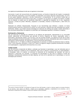 Programa de Estudio Orientación – Quinto Básico 24
Los objetivos de aprendizaje de este eje se organizan en dos áreas:
Convivencia. A partir del reconocimiento de la dignidad humana, se fomenta el desarrollo del respeto, la aceptación
de las diferencias individuales, la escucha empática, la solidaridad y las buenas relaciones interpersonales, con el fin
de que pueda establecer relaciones y vínculos constructivos y enriquecedores. En los primeros niveles esto se
promueve principalmente promoviendo el buen trato, el compartir con sus pares y el respeto a los demás. A medida
que se progresa, se espera que los estudiantes desarrollen la capacidad de empatizar con el otro, respetando
opiniones y formas de pensar diferentes, aceptando la diversidad, evitando la discriminación y toda forma de
violencia.
Resolución de conflictos interpersonales. Promueve el uso herramientas para enfrentar y resolver, en forma
progresivamente autónoma, situaciones de conflicto con otras personas, utilizando para esto estrategias que resulten
pertinentes. Debido a que existen diversas estrategias de resolución de conflictos que pueden resultar pertinentes a
una convivencia democrática, los objetivos no prescriben una metodología específica a considerar al respecto.
Participación y Pertenencia
Este eje desarrolla la capacidad de insertarse en los espacios de participación, especialmente en su comunidad
escolar, adquiriendo las herramientas que permitan al alumno integrarse de manera responsable, activa y
democrática; demostrando respeto y por los otros y por los acuerdos tomados. Los objetivos de este eje se hacen
cargo de propósitos formativos asociados a la instancia de Consejo de Curso2, entendiendo esta como un espacio de
participación institucionalizada, de organización y toma de decisiones democráticas.
Los objetivos de 1° y 2° básico se enfocan principalmente en promover el sentido de pertenencia hacia su familia,
curso, y otros referentes relevantes y a partir de 3° básico los objetivos integran propósitos directamente vinculados
con la participación y organización de los alumnos en su curso.
Trabajo escolar
Este eje promueve el desarrollo de hábitos y actitudes que favorecen el aprendizaje y que son relevantes para el
desarrollo intelectual y académico de los estudiantes, tales como el esfuerzo, la perseverancia, la responsabilidad y
la honestidad. Junto a lo anterior, se promueve la motivación de los estudiantes por aprender, así como la
disposición a desarrollar sus intereses. La progresión de aprendizajes en esta área se establece a través del
despliegue crecientemente autónomo de estos aspectos, así como de la valoración por el aprendizaje y el uso de
estrategias para facilitarlo.
2
De acuerdo al Decreto 40/1996 “la actividad de Consejo de Curso está llamada a cumplir un decisivo papel en el proceso formativo
de los alumnos, como espacio de reflexión y debate de las necesidades, problemas y expectativas de los alumnos, y de la
planificación compartida de los trabajos a realizar para satisfacer dichas demandas.”
 