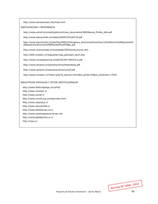 Programa de Estudio Orientación – Quinto Básico 78
http://www.acosoescolar.info/index.htm
PARTICIPACIÓN Y PERTENENCIA
http://www.unicef.cl/unicef/public/archivos_documento/309/Manual_Profes_Jefe.pdf
http://www.educarchile.cl/medios/20020724160733.pdf
http://www.educarchile.cl/UserFiles/P0032/File/apoyo_emocional/Docentes/12%20Activ%20Mejorando%
20Nuestro%20curso%20EB%20EM%20FINAL.pdf
http://www.ceismaristas.cl/novedades/2004/junio/ccurso.htm
http://600.mineduc.cl/resguardo/resg_part/part_alum.php
http://www.revistadocencia.cl/pdf/20100719022313.pdf
http://www.sename.cl/wsename/otros/Estandares.pdf
http://www.sename.cl/wsename/otros/unicef.pdf
http://www.mineduc.cl/index2.php?id_seccion=4014&id_portal=50&id_contenido=17924
BIBLIOTECAS VIRTUALES Y SITIOS INSTITUCIONALES
http://www.bibliocatalogo.cl/vufind/
http://www.mineduc.cl
http://www.unicef.cl
http://www.unicef.org.co/kids/index.html
http://www.valorasuc.cl
http://www.educarchile.cl
http://www.bibliotecas-cra.cl
http://www.cuentosparaconversar.net
http://centrodelafamilia.uc.cl
http://injuv.cl
 