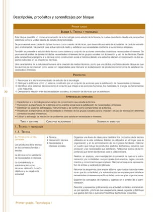 30
Primer grado. Tecnología I
Descripción, propósitos y aprendizajes por bloque
Primer grado
Bloque I. Técnica y tecnología
Este bloque posibilita un primer acercamiento de la tecnología como estudio de la técnica, la cual se caracteriza desde una perspectiva
sistémica como la unidad básica de estudio de la tecnología.
Se promueve el reconocimiento del ser humano como creador de técnicas, que desarrolla una serie de actividades de carácter estraté-
gico, instrumental y de control, para actuar sobre el medio y satisfacer sus necesidades conforme a su contexto e intereses.
También se pretende el estudio de la técnica como sistema y conjunto de acciones orientadas a satisfacer necesidades e intereses. Se
promueve el análisis de la relación de las necesidades e intereses de los grupos sociales con la creación y uso de las técnicas. Desde
esta perspectiva se propone a la técnica como construcción social e histórica debido a la estrecha relación e incorporación de los as-
pectos culturales en las creaciones técnicas.
Una característica de la naturaleza humana es la creación de medios técnicos, por lo que uno de los propósitos de este bloque es que
los alumnos se reconozcan como seres con capacidades para intervenir en la elaboración de productos como forma de satisfacer ne-
cesidades e intereses.
Propósitos
1.	Reconocer a la técnica como objeto de estudio de la tecnología.
2.	Distinguir a la técnica como un sistema constituido por un conjunto de acciones para la satisfacción de necesidades e intereses.
3.	Identificar a los sistemas técnicos como el conjunto que integra a las acciones humanas, los materiales, la energía, las herramientas
y las máquinas.
4.	Demostrar la relación entre las necesidades sociales y la creación de técnicas que las satisfacen.
Aprendizajes esperados
•	Caracterizan a la tecnología como campo de conocimiento que estudia la técnica.
•	Reconocen la importancia de la técnica como práctica social para la satisfacción de necesidades e intereses.
•	Identifican las acciones estratégicas, instrumentales y de control como componentes de la técnica.
•	Reconocen la importancia de las necesidades e intereses de los grupos sociales para la creación y el uso de técnicas en diferentes
contextos sociales e históricos.
•	Utilizan la estrategia de resolución de problemas para satisfacer necesidades e intereses.
Temas y subtemas Conceptos relacionados Sugerencias didácticas
1. Técnica y tecnología
1.1. Técnica
La técnica en la vida
cotidiana
Los productos de la técnica
en los contextos familiar y
escolar.
La técnica como satisfactor
de necesidades e intereses.
La contabilidad y la
administración como
técnicas: definición, función,
objetivos y su papel en la
sociedad.
•	Técnica.
•	Intervención técnica.
•	Necesidades e
intereses sociales.
Organizar una lluvia de ideas para identificar los productos de la técnica
utilizados en la vida cotidiana. Enlistar los utilizados en el hogar para la
organización y en la administración de los ingresos familiares. Elaborar
un cuadro que incluya los productos aludidos, los bienes y servicios que
producen y las necesidades que satisfacen. Reflexionar acerca de la im-
portancia que tienen las técnicas para la vida cotidiana.
Realizar, en equipos, una investigación documental de qué es la admi-
nistración y la contabilidad, sus principales instrumentos, reglas, procedi-
mientos y conocimientos que emplean. Elaborar un esquema representa-
tivo de ambas y explicarlo en plenaria.
Retomar los esquemas para ampliar el tema y puntualizar sobre la mane-
ra en que la contabilidad y la administración se emplean para satisfacer
necesidades e intereses específicos de las personas y las organizaciones.
Exponer los conceptos de ingresos y egresos en el ámbito de la admi-
nistración.
Describir y representar gráficamente una actividad contable o administrati-
va; por ejemplo, ¿cómo es que una persona planea, organiza y distribuye
sus gastos del mes o quincena? Identificar las técnicas presentes.
 