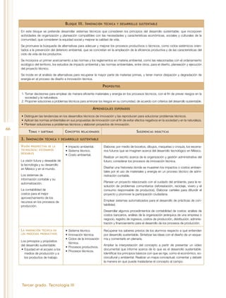 Tercer grado. Tecnología III
66
Bloque III. Innovación técnica y desarrollo sustentable
En este bloque se pretende desarrollar sistemas técnicos que consideren los principios del desarrollo sustentable; que incorporen
actividades de organización y planeación compatibles con las necesidades y características económicas, sociales y culturales de la
comunidad, que consideren la equidad social y mejorar la calidad de vida.
Se promueve la búsqueda de alternativas para adecuar y mejorar los procesos productivos o técnicos, como ciclos sistémicos orien-
tados a la prevención del deterioro ambiental, que se concretan en la ampliación de la eficiencia productiva y de las características del
ciclo de vida de los productos.
Se incorpora un primer acercamiento a las normas y los reglamentos en materia ambiental, como las relacionadas con el ordenamiento
ecológico del territorio, los estudios de impacto ambiental y las normas ambientales, entre otros, para el diseño, planeación y ejecución
del proyecto técnico.
Se incide en el análisis de alternativas para recuperar la mayor parte de materias primas, y tener menor disipación y degradación de
energía en el proceso de diseño e innovación técnica.
Propósitos
1.	Tomar decisiones para emplear de manera eficiente materiales y energía en los procesos técnicos, con el fin de prever riesgos en la
sociedad y la naturaleza.
2.	Proponer soluciones a problemas técnicos para aminorar los riesgos en su comunidad, de acuerdo con criterios del desarrollo sustentable.
Aprendizajes esperados
•	Distinguen las tendencias en los desarrollos técnicos de innovación y las reproducen para solucionar problemas técnicos.
•	Aplican las normas ambientales en sus propuestas de innovación con el fin de evitar efectos negativos en la sociedad y en la naturaleza.
•	Plantean soluciones a problemas técnicos y elaboran proyectos de innovación.
Temas y subtemas Conceptos relacionados Sugerencias didácticas
3. Innovación técnica y desarrollo sustentable
Visión prospectiva de la
tecnología: escenarios
deseables
La visión futura y deseable de
la tecnología y su desarrollo
en México y en el mundo.
Los sistemas de
información contable y su
automatización.
La contabilidad de
costos para el mejor
aprovechamiento de los
recursos en los procesos de
producción.
•	Impacto ambiental.
•	Sistema técnico.
•	Costo ambiental.
Elaborar, por medio de bocetos, dibujos, maquetas o croquis, los escena-
rios futuros que se imaginen acerca del desarrollo tecnológico en México.
Realizar un escrito acerca de la organización y gestión administrativa del
futuro; considerar los procesos de innovación técnica.
Diseñar una historieta donde se muestren los impactos o costos ambien-
tales por el uso de materiales y energía en un proceso técnico de admi-
nistración contable.
Planear un proyecto relacionado con el cuidado del ambiente, para la re-
solución de problemas comunitarios (reforestación, reciclaje, vivero y el
consumo responsable de productos). Elaborar carteles para difundir el
proyecto y promover la participación ciudadana.
Emplear sistemas automatizados para el desarrollo de prácticas de con-
tabilidad.
Desarrollar algunos procedimientos de contabilidad de costos: análisis de
costos bancarios, análisis de la organización jerárquica de una empresa o
negocio, registro de ingresos, costos de producción, distribución, adminis-
tración y financiamiento para el desarrollo de los procesos de producción.
La innovación técnica en
los procesos productivos
Los principios y propósitos
del desarrollo sustentable:
•	Equidad en el acceso a los
medios de producción y a
los productos de trabajo.
•	Sistema técnico.
•	Innovación técnica.
•	Ciclos de la innovación
técnica.
•	Procesos productivos.
•	Procesos técnicos.
Recuperar los saberes previos de los alumnos respecto a qué entienden
por desarrollo sustentable. Sintetizar las ideas con el diseño de un esque-
ma y comentarlo en plenaria.
Ampliar la interpretación del concepto a partir de presentar un video
documental que informe acerca de lo que es el desarrollo sustentable.
Identificar los principios básicos con que se rige, como el económico, so-
ciocultural y ambiental. Realizar un mapa conceptual; comentar y debatir
la manera en que puede trasladarse el concepto al campo.
 
