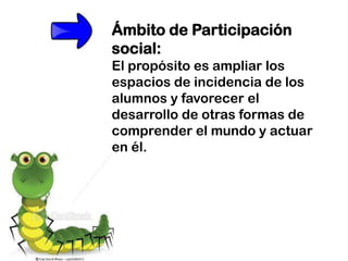 Ámbito de Participación
social:
El propósito es ampliar los
espacios de incidencia de los
alumnos y favorecer el
desarrollo de otras formas de
comprender el mundo y actuar
en él.
 