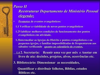 Passo II
  Reestruturar Departamento de Ministério Pessoal
  elegendo:
   elegendo
•     Promotor de eventos evangelísticos:
    1.1 Verificar a viabilidade de novos pontos evangelísticos
    1.2Viabilizar melhores condições de funcionamento dos pontos
       evangelísticos em atividade.
    1.3Intermediar as Igrejas do Distrito e pontos evangelísticos e ou
       pequenas igrejas, e famílias impossibilitadas de frequentarem aos
       sábados verificando quanto ao calendário de eventos.

    1.4 2. Secretaria:  Reunir uma vez por mês e Anotar em
      livro de ata: decisões, projetos, alvos, ocorrências etc.
3. Bibliotecário: Dimensionar as necessidades,
     Quantificar e distribuir folhetos, Bíblias, estudos
     Bíblicos etc.
 