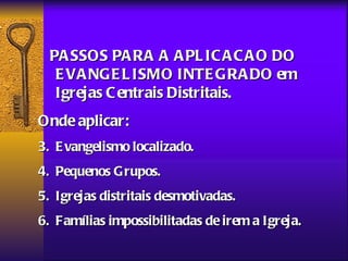 PA SSOS PA RA A A PL IC A C A O DO
   E VA NG E L ISMO INTE GRA DO em
   Igrejas C entrais Distritais.
Onde aplicar:
3. E vangelismo localizado.
4. Pequenos Grupos.
5. Igrejas distritais desmotivadas.
6. Famílias impossibilitadas de irem a Igreja.
 