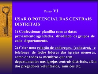 Passo   VI
USAR O POTENCIAL DAS CENTRAIS
DISTRITAIS
1) Confeccionar planilha com as datas
previamente agendadas, dividindo os grupos de
cada departamento.
2) Criar uma relação de endereços, (cadastro), e
telefones de todos líderes das igrejas menores,
como de todos os membros que tem
departamentos nas igrejas centrais distritais, além
dos pregadores voluntários, músicos etc.
 