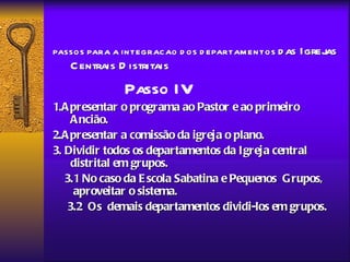 PASSO S PARA A IN TEGRAC AO D O S D EPARTAM EN TO S d as   Igrejas
    C entrais D istritais
                Passo IV
1.A presentar o programa ao Pastor e ao primeiro
     A ncião.
2.A presentar a comissão da igreja o plano.
3. Dividir todos os departamentos da Igreja central
     distrital em grupos.
   3.1 No caso da E scola Sabatina e Pequenos Grupos,
     aproveitar o sistema.
    3.2 Os demais departamentos dividi-los em grupos.
 