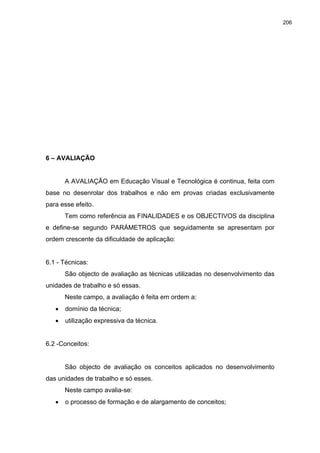 206
6 – AVALIAÇÃO
A AVALIAÇÃO em Educação Visual e Tecnológica é continua, feita com
base no desenrolar dos trabalhos e não em provas criadas exclusivamente
para esse efeito.
Tem como referência as FINALIDADES e os OBJECTIVOS da disciplina
e define-se segundo PARÁMETROS que seguidamente se apresentam por
ordem crescente da dificuldade de aplicação:
6.1 - Técnicas:
São objecto de avaliação as técnicas utilizadas no desenvolvimento das
unidades de trabalho e só essas.
Neste campo, a avaliação é feita em ordem a:
•
•
•
domínio da técnica;
utilização expressiva da técnica.
6.2 -Conceitos:
São objecto de avaliação os conceitos aplicados no desenvolvimento
das unidades de trabalho e só esses.
Neste campo avalia-se:
o processo de formação e de alargamento de conceitos;
 