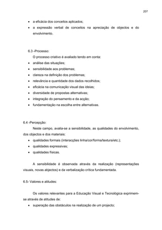 207
•
•
•
•
•
•
•
•
•
•
•
•
•
•
a eficácia dos conceitos aplicados;
a expressão verbal de conceitos na apreciação de objectos e do
envolvimento.
6.3 -Processo:
O processo criativo é avaliado tendo em conta:
análise das situações;
sensibilidade aos problemas;
clareza na definição dos problemas;
relevância e quantidade dos dados recolhidos;
eficácia na comunicação visual das ideias;
diversidade de propostas alternativas;
integração do pensamento e da acção;
fundamentação na escolha entre alternativas.
6.4 -Percepção:
Neste campo, avalia-se a sensibilidade, as qualidades do envolvimento,
dos objectos e dos materiais:
qualidades formais (interacções linha/cor/forma/textura/etc.);
qualidades expressivas;
qualidades físicas.
A sensibilidade é observada através da realização (representações
visuais, novas abjectos) e da verbalização crítica fundamentada.
6.5- Valores e atitudes:
Os valores relevantes para a Educação Visual e Tecnológica exprimem-
se através de atitudes de:
superação das obstáculos na realização de um projecto;
 
