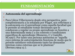 Autonomía del aprendizaje Para Lileya Villavicencio desde otra perspectiva, pero complementaria a la señalada por Piaget, nos referimos a la autonomía en el aprendizaje como aquella facultad que le permite al estudiante tomar decisiones que le conduzcan a regular su propio aprendizaje en función a una determinada meta y a un contexto o condiciones específicas de aprendizaje (Monereo, C y Castelló, M;1997). Por tanto una persona autónoma es “aquella cuyo sistema de autorregulación funciona de modo que le permite satisfacer exitosamente tanto las demandas internas como externas que se le plantean” (Bornas;1994:13 ).FUNDAMENTACIÓN