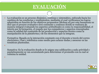 EVALUACIÓNLa evaluación es un proceso dinámico, continuo y sistemático, enfocado hacia los cambios de las conductas y rendimientos, mediante el cual verificamos los logros adquiridos en función de los objetivos propuestos (Molnar,sf) por este basamento se dice que el proceso evaluativo será constante y continuo donde se realizara de manera integral evaluando los aspectos actitudinales es como la responsabilidad, el interés por la formación, el respeto por los compañeros y aspectos conceptuales como la calidad del contenido de las producción y aspectos técnico como la manipulación de la plataforma y de los elementos que la integran.Formativa: Basada en la interacción constante con el docente a través del correo electrónico, Chat y telefónica como medio para aclarar dudas y asesorar en las temáticas planteadas.Sumativa: Es la evaluación donde se le asigna una calificación a cada actividad y paulatinamente se van acumulando para determinar el promedio con la cual se culmina la unidad.