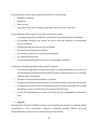 70
Las actividades de la fase de apertura permiten identificar en los estudiantes:
• Habilidades y destrezas.
• Expectativas.
• Saberes previos.
• La percepción de la carrera, módulo, ocupaciones, sitios de inserción, entre otros.
Las actividades de la fase de apertura le permiten al estudiante conocer:
• La competencias genéricas, disciplinares, profesionales y de productividad que se abordarán.
• Las actividades formativas que realizará así como la forma de evaluación, los instrumentos,
criterios y evidencias.
• El tiempo destinado para cada una de las actividades.
• El método de aprendizaje que se empleará.
• Los materiales y costos de los materiales que se utilizarán.
• Los compromisos del docente.
• Lo que se espera del estudiante en función a sus desempeños y productos.
Al redactar las actividades de apertura debe recordar lo siguiente:
• En la evaluación diagnóstica los criterios para calificar las evidencias generadas se centrarán en el
nivel de integración y participación del estudiante durante la evaluación más que en la cantidad y
calidad de saberes demostrados.
• Considerar la información del estudiante y su contexto.
• En todas las actividades el estudiante debe ser un participante activo, representar diversos roles.
• La autoevaluación permitirá que el estudiante desarrolle una actitud responsable ante su propio
aprendizaje, y asuma una actitud crítica de su propio proceso formativo.
• La suma de las ponderaciones es menor en esta fase que las correspondientes al desarrollo y
cierre.
2. Desarrollo
Esta etapa busca fortalecer habilidades prácticas y de pensamiento que permitan al estudiante adquirir
conocimientos en forma sistematizada y aplicarlos en diferentes contextos. Además, que asuma
responsablemente las secuencias de la aplicación de esos conocimientos.
 