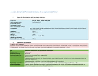 76
Anexo 1. Ejemplo de Planeación didáctica de la asignatura de Física I
I. Datos de identificación de la estrategia didáctica
Institución: CECyTE, DGETA, DGETI, DGECyTM
Fecha de elaboración: Noviembre 2017
Número de Plantel:
Nombre del Plantel:
Clave del Centro de Trabajo:
Profesor(es): Mtro. José Ricardo Noriega Cabrera, Mtro. Jaime Alonso González Altamirano, Lic. Iris Cisneros Contreras, Mtro.
José Luis Bautista Ávila.
Asignatura: Física I
Grupo y Semestre: 4º semestre
Carrera: Todas
Ciclo Escolar: Febrero – Julio de 2018
Periodo de aplicación:
Número de horas estimadas: 4 horas
II. Elementos de Formación
Propósito de la asignatura:
Promover una educación científica de calidad para el desarrollo integral de jóvenes de bachillerato, considerando no sólo la comprensión de los procesos
e ideas clave de las ciencias, sino incursionar en la forma de descripción, explicación y modelación propias de la Física.
Eje: Expresión Experimental del pensamiento matemático
Componente: Movimiento
Contenido eentral: Acelerado
Contenido específico: Aceleración debido a la fuerza de gravedad.
Tiro Parabólico.
¿Qué pasaría si el lanzamiento del objeto tuviera un determinado ángulo de inclinación con respecto a la superficie de la
tierra o de referencia?
¿Qué pasaría si en la actividad anterior se modifica el ángulo de lanzamiento?
Aprendizaje esperado: Determina el tiempo total que dura el cuerpo en el aire, cuando es lanzado con ángulos diferentes a 90°
Producto esperado: Tabla de valores obtenidos con respecto al movimiento parabólico del cuerpo, durante la actividad experimental de los
lanzamientos y la demostración analítica de los eventos.
 