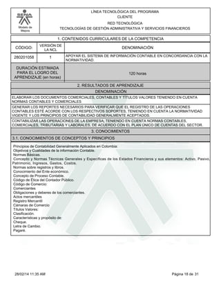 Modelo de
Mejora
LÍNEA TECNOLÓGICA DEL PROGRAMA
CLIENTE
RED TECNOLÓGICA
TECNOLOGÍAS DE GESTIÓN ADMINISTRATIVA Y SERVICIOS FINANCIEROS
1. CONTENIDOS CURRICULARES DE LA COMPETENCIA
DENOMINACIÓNCÓDIGO:
280201058
VERSIÓN DE
LA NCL
1
2. RESULTADOS DE APRENDIZAJE
APOYAR EL SISTEMA DE INFORMACIÓN CONTABLE EN CONCORDANCIA CON LA
NORMATIVIDAD.
DURACIÓN ESTIMADA
PARA EL LOGRO DEL
APRENDIZAJE (en horas)
120 horas
DENOMINACIÓN
ELABORAR LOS DOCUMENTOS COMERCIALES, CONTABLES Y TÍTULOS VALORES TENIENDO EN CUENTA
NORMAS CONTABLES Y COMERCIALES
GENERAR LOS REPORTES NECESARIOS PARA VERIFICAR QUE EL REGISTRO DE LAS OPERACIONES
CONTABLES ESTÉ ACORDE CON LOS RESPECTIVOS SOPORTES, TENIENDO EN CUENTA LA NORMATIVIDAD
VIGENTE Y LOS PRINCIPIOS DE CONTABILIDAD GENERALMENTE ACEPTADOS.
CONTABILIZAR LAS OPERACIONES DE LA EMPRESA, TENIENDO EN CUENTA NORMAS CONTABLES,
COMERCIALES, TRIBUTARIAS Y LABORALES, DE ACUERDO CON EL PLAN ÚNICO DE CUENTAS DEL SECTOR.
3. CONOCIMIENTOS
3.1. CONOCIMIENTOS DE CONCEPTOS Y PRINCIPIOS
Principios de Contabilidad Generalmente Aplicados en Colombia:
Objetivos y Cualidades de la información Contable.
Normas Básicas.
Concepto y Normas Técnicas Generales y Específicas de los Estados Financieros y sus elementos: Activo, Pasivo,
Patrimonio, Ingresos, Gastos, Costos.
Normas sobre registros y libros.
Conocimiento del Ente económico.
Concepto de Proceso Contable.
Código de Ética del Contador Público.
Código de Comercio:
Comerciantes
Obligaciones y deberes de los comerciantes.
Actos mercantiles
Registro Mercantil
Cámaras de Comercio
Títulos Valores:
Clasificación.
Características y propósito de:
Cheque.
Letra de Cambio.
Pagaré.
Página 18 de 3128/02/14 11:35 AM
 