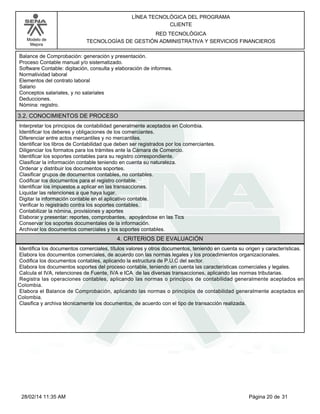 Modelo de
Mejora
LÍNEA TECNOLÓGICA DEL PROGRAMA
CLIENTE
RED TECNOLÓGICA
TECNOLOGÍAS DE GESTIÓN ADMINISTRATIVA Y SERVICIOS FINANCIEROS
Balance de Comprobación: generación y presentación.
Proceso Contable manual y/o sistematizado.
Software Contable: digitación, consulta y elaboración de informes.
Normatividad laboral
Elementos del contrato laboral
Salario
Conceptos salariales, y no salariales
Deducciones.
Nómina: registro.
3.2. CONOCIMIENTOS DE PROCESO
Interpretar los principios de contabilidad generalmente aceptados en Colombia.
Identificar los deberes y obligaciones de los comerciantes.
Diferenciar entre actos mercantiles y no mercantiles.
Identificar los libros de Contabilidad que deben ser registrados por los comerciantes.
Diligenciar los formatos para los trámites ante la Cámara de Comercio.
Identificar los soportes contables para su registro correspondiente.
Clasificar la información contable teniendo en cuenta su naturaleza.
Ordenar y distribuir los documentos soportes.
Clasificar grupos de documentos contables, no contables.
Codificar los documentos para el registro contable.
Identificar los impuestos a aplicar en las transacciones.
Liquidar las retenciones a que haya lugar.
Digitar la información contable en el aplicativo contable.
Verificar lo registrado contra los soportes contables.
Contabilizar la nómina, provisiones y aportes
Elaborar y presentar: reportes, comprobantes, apoyándose en las Tics
Conservar los soportes documentales de la información.
Archivar los documentos comerciales y los soportes contables.
4. CRITERIOS DE EVALUACIÓN
Identifica los documentos comerciales, títulos valores y otros documentos, teniendo en cuenta su origen y características.
Elabora los documentos comerciales, de acuerdo con las normas legales y los procedimientos organizacionales.
Codifica los documentos contables, aplicando la estructura de P.U.C del sector.
Elabora los documentos soportes del proceso contable, teniendo en cuenta las características comerciales y legales.
Calcula el IVA, retenciones de Fuente, IVA e ICA de las diversas transacciones, aplicando las normas tributarias.
Registra las operaciones contables, aplicando las normas o principios de contabilidad generalmente aceptados en
Colombia.
Elabora el Balance de Comprobación, aplicando las normas o principios de contabilidad generalmente aceptados en
Colombia.
Clasifica y archiva técnicamente los documentos, de acuerdo con el tipo de transacción realizada.
Página 20 de 3128/02/14 11:35 AM
 