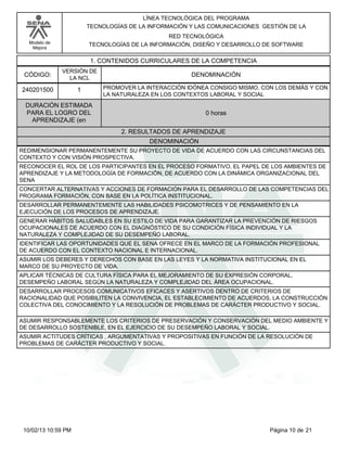Modelo de
Mejora
LÍNEA TECNOLÓGICA DEL PROGRAMA
TECNOLOGÍAS DE LA INFORMACIÓN Y LAS COMUNICACIONES GESTIÓN DE LA
RED TECNOLÓGICA
TECNOLOGÍAS DE LA INFORMACIÓN, DISEÑO Y DESARROLLO DE SOFTWARE
1. CONTENIDOS CURRICULARES DE LA COMPETENCIA
DENOMINACIÓNCÓDIGO:
240201500
VERSIÓN DE
LA NCL
1
2. RESULTADOS DE APRENDIZAJE
PROMOVER LA INTERACCIÓN IDÓNEA CONSIGO MISMO, CON LOS DEMÁS Y CON
LA NATURALEZA EN LOS CONTEXTOS LABORAL Y SOCIAL
DURACIÓN ESTIMADA
PARA EL LOGRO DEL
APRENDIZAJE (en
0 horas
DENOMINACIÓN
REDIMENSIONAR PERMANENTEMENTE SU PROYECTO DE VIDA DE ACUERDO CON LAS CIRCUNSTANCIAS DEL
CONTEXTO Y CON VISIÓN PROSPECTIVA.
RECONOCER EL ROL DE LOS PARTICIPANTES EN EL PROCESO FORMATIVO, EL PAPEL DE LOS AMBIENTES DE
APRENDIZAJE Y LA METODOLOGÍA DE FORMACIÓN, DE ACUERDO CON LA DINÁMICA ORGANIZACIONAL DEL
SENA
CONCERTAR ALTERNATIVAS Y ACCIONES DE FORMACIÓN PARA EL DESARROLLO DE LAS COMPETENCIAS DEL
PROGRAMA FORMACIÓN, CON BASE EN LA POLÍTICA INSTITUCIONAL.
DESARROLLAR PERMANENTEMENTE LAS HABILIDADES PSICOMOTRICES Y DE PENSAMIENTO EN LA
EJECUCIÓN DE LOS PROCESOS DE APRENDIZAJE.
GENERAR HÁBITOS SALUDABLES EN SU ESTILO DE VIDA PARA GARANTIZAR LA PREVENCIÓN DE RIESGOS
OCUPACIONALES DE ACUERDO CON EL DIAGNÓSTICO DE SU CONDICIÓN FÍSICA INDIVIDUAL Y LA
NATURALEZA Y COMPLEJIDAD DE SU DESEMPEÑO LABORAL.
IDENTIFICAR LAS OPORTUNIDADES QUE EL SENA OFRECE EN EL MARCO DE LA FORMACIÓN PROFESIONAL
DE ACUERDO CON EL CONTEXTO NACIONAL E INTERNACIONAL.
ASUMIR LOS DEBERES Y DERECHOS CON BASE EN LAS LEYES Y LA NORMATIVA INSTITUCIONAL EN EL
MARCO DE SU PROYECTO DE VIDA.
APLICAR TÉCNICAS DE CULTURA FÍSICA PARA EL MEJORAMIENTO DE SU EXPRESIÓN CORPORAL,
DESEMPEÑO LABORAL SEGÚN LA NATURALEZA Y COMPLEJIDAD DEL ÁREA OCUPACIONAL.
DESARROLLAR PROCESOS COMUNICATIVOS EFICACES Y ASERTIVOS DENTRO DE CRITERIOS DE
RACIONALIDAD QUE POSIBILITEN LA CONVIVENCIA, EL ESTABLECIMIENTO DE ACUERDOS, LA CONSTRUCCIÓN
COLECTIVA DEL CONOCIMIENTO Y LA RESOLUCIÓN DE PROBLEMAS DE CARÁCTER PRODUCTIVO Y SOCIAL.
ASUMIR RESPONSABLEMENTE LOS CRITERIOS DE PRESERVACIÓN Y CONSERVACIÓN DEL MEDIO AMBIENTE Y
DE DESARROLLO SOSTENIBLE, EN EL EJERCICIO DE SU DESEMPEÑO LABORAL Y SOCIAL.
ASUMIR ACTITUDES CRÍTICAS , ARGUMENTATIVAS Y PROPOSITIVAS EN FUNCIÓN DE LA RESOLUCIÓN DE
PROBLEMAS DE CARÁCTER PRODUCTIVO Y SOCIAL.
Página 10 de 2110/02/13 10:59 PM
 