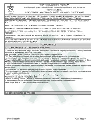 Modelo de
Mejora
LÍNEA TECNOLÓGICA DEL PROGRAMA
TECNOLOGÍAS DE LA INFORMACIÓN Y LAS COMUNICACIONES GESTIÓN DE LA
RED TECNOLÓGICA
TECNOLOGÍAS DE LA INFORMACIÓN, DISEÑO Y DESARROLLO DE SOFTWARE
REALIZAR INTERCAMBIOS SOCIALES Y PRÁCTICOS MUY BREVES, CON UN VOCABULARIO SUFICIENTE PARA
HACER UNA EXPOSICIÓN O MANTENER UNA CONVERSACIÓN SENCILLA SOBRE TEMAS TÉCNICOS
ENCONTRAR VOCABULARIO Y EXPRESIONES DE INGLÉS TÉCNICO EN ANUNCIOS, FOLLETOS, PÁGINAS WEB,
ETC
LEER TEXTOS MUY BREVES Y SENCILLOS EN INGLÉS GENERAL Y TÉCNICO
ENCONTRAR INFORMACIÓN ESPECÍFICA Y PREDECIBLE EN ESCRITOS SENCILLOS Y COTIDIANOS
COMPRENDER FRASES Y VOCABULARIO HABITUAL SOBRE TEMAS DE INTERÉS PERSONAL Y TEMAS
TÉCNICOS
COMPRENDER LA IDEA PRINCIPAL EN AVISOS Y MENSAJES BREVES, CLAROS Y SENCILLOS EN INGLÉS
TÉCNICO
COMUNICARSE EN TAREAS SENCILLAS Y HABITUALES QUE REQUIEREN UN INTERCAMBIO SIMPLE Y DIRECTO
DE INFORMACIÓN COTIDIANA Y TÉCNICA
3. CONOCIMIENTOS
3.1. CONOCIMIENTOS DE CONCEPTOS Y PRINCIPIOS
*About me: Adquisición de mayor habilidad comunicativa utilizando el lenguaje introductivo. Cómo presentarse
presentarse y responder preguntas personales.
-Be affirmative. Yes/ No Questions, Contractions, Short Answers, Present Simple.
*My Day: Adquisición del lenguaje que se utiliza diariamente para hablar de ocupaciones y rutinas diarias.
-Articles, Negative, WH Questions who, what, Affirmative, Yes/No Questions, Verbs describring day to day activities,
*Supermarket and Clothes Shopping: Adquisición de lenguaje y vocabulario necesarios para hacer compras en un Súper
Mercado, conocimiento de nombres de de alimentos y bebidas. Vocabulario sobre ropa, colores y meses del año.
-This/That/These/Those, Singular/Plural, There Is/There Are, comparative and superlative adjectives.
*Places: Vocabulario y habilidades comunicativas para trasladarse, visitar ciudades, solicitar información, desenvolverse
en una ciudad.
-Comparatives, WH questions, Subject pronouns, Object pronouns, present progresive.
*Food and restaurant: Vocabulario y habilidades comunicativas para leer y comprender la carta, hacer preguntas, ordenar
o sugerir un plato, pedir la cuenta.
-WH Questions, when, where, why, how, presente simple vs Presente Progresivo.
*Permission and request. Talking about ability.
-Modals for hability: can/can´t, Modals for permission and request: can/could, Countable and uncountable nous.
*Travel and transportaion: Vocabulario y expresiones relativas a viajes, transporte y desplazamiento.
-Past simple, Past of To Be, Past Simple vs Past Progressive.
3.2. CONOCIMIENTOS DE PROCESO
Página 18 de 2110/02/13 10:59 PM
 