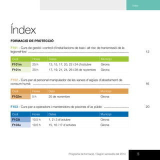 5Programa de formació / Segon semestre del 2014
Índex
Índex	
FORMACIÓ DE PROTECCIÓ
F101 - Curs de gestió i control d’instal·lacions de baix i alt risc de transmissió de la
legionel·losi .................................................................................................................
Codi Hores Dates Municipi
F101m 25 h 13, 15, 17, 20, 22 i 24 d’octubre Girona
F101n 25 h 17, 19, 21, 24, 26 i 28 de novembre Girona
F102 - Curs per al personal manipulador de les xarxes d’aigües d’abastament de
consum humà .............................................................................................................
Codi Hores Data Municipi
F102m 5 h 20 de novembre Girona
F103 - Curs per a operadors i mantenidors de piscines d’ús públic ............................
Codi Hores Dates Municipi
F103t 10,5 h 1, 2 i 3 d’octubre Girona
F103u 10,5 h 15, 16 i 17 d’octubre Girona
12
16
20
 