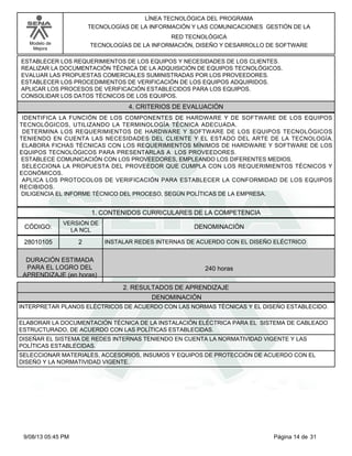LÍNEA TECNOLÓGICA DEL PROGRAMA
TECNOLOGÍAS DE LA INFORMACIÓN Y LAS COMUNICACIONES GESTIÓN DE LA
RED TECNOLÓGICA
TECNOLOGÍAS DE LA INFORMACIÓN, DISEÑO Y DESARROLLO DE SOFTWARE

Modelo de
Mejora

ESTABLECER LOS REQUERIMIENTOS DE LOS EQUIPOS Y NECESIDADES DE LOS CLIENTES.
REALIZAR LA DOCUMENTACIÓN TÉCNICA DE LA ADQUISICIÓN DE EQUIPOS TECNOLÓGICOS.
EVALUAR LAS PROPUESTAS COMERCIALES SUMINISTRADAS POR LOS PROVEEDORES.
ESTABLECER LOS PROCEDIMIENTOS DE VERIFICACIÓN DE LOS EQUIPOS ADQUIRIDOS.
APLICAR LOS PROCESOS DE VERIFICACIÓN ESTABLECIDOS PARA LOS EQUIPOS.
CONSOLIDAR LOS DATOS TÉCNICOS DE LOS EQUIPOS.

4. CRITERIOS DE EVALUACIÓN
IDENTIFICA LA FUNCIÓN DE LOS COMPONENTES DE HARDWARE Y DE SOFTWARE DE LOS EQUIPOS
TECNOLÓGICOS, UTILIZANDO LA TERMINOLOGÍA TÉCNICA ADECUADA.
DETERMINA LOS REQUERIMIENTOS DE HARDWARE Y SOFTWARE DE LOS EQUIPOS TECNOLÓGICOS
TENIENDO EN CUENTA LAS NECESIDADES DEL CLIENTE Y EL ESTADO DEL ARTE DE LA TECNOLOGÍA.
ELABORA FICHAS TÉCNICAS CON LOS REQUERIMIENTOS MÍNIMOS DE HARDWARE Y SOFTWARE DE LOS
EQUIPOS TECNOLÓGICOS PARA PRESENTARLAS A LOS PROVEEDORES.
ESTABLECE COMUNICACIÓN CON LOS PROVEEDORES, EMPLEANDO LOS DIFERENTES MEDIOS.
SELECCIONA LA PROPUESTA DEL PROVEEDOR QUE CUMPLA CON LOS REQUERIMIENTOS TÉCNICOS Y
ECONÓMICOS.
APLICA LOS PROTOCOLOS DE VERIFICACIÓN PARA ESTABLECER LA CONFORMIDAD DE LOS EQUIPOS
RECIBIDOS.
DILIGENCIA EL INFORME TÉCNICO DEL PROCESO, SEGÚN POLÍTICAS DE LA EMPRESA.

1. CONTENIDOS CURRICULARES DE LA COMPETENCIA
CÓDIGO:

VERSIÓN DE
LA NCL

28010105

2

DENOMINACIÓN
INSTALAR REDES INTERNAS DE ACUERDO CON EL DISEÑO ELÉCTRICO

DURACIÓN ESTIMADA
PARA EL LOGRO DEL
APRENDIZAJE (en horas)

240 horas
2. RESULTADOS DE APRENDIZAJE
DENOMINACIÓN

INTERPRETAR PLANOS ELÉCTRICOS DE ACUERDO CON LAS NORMAS TÉCNICAS Y EL DISEÑO ESTABLECIDO.
ELABORAR LA DOCUMENTACIÓN TÉCNICA DE LA INSTALACIÓN ELÉCTRICA PARA EL SISTEMA DE CABLEADO
ESTRUCTURADO, DE ACUERDO CON LAS POLÍTICAS ESTABLECIDAS.
DISEÑAR EL SISTEMA DE REDES INTERNAS TENIENDO EN CUENTA LA NORMATIVIDAD VIGENTE Y LAS
POLÍTICAS ESTABLECIDAS.
SELECCIONAR MATERIALES, ACCESORIOS, INSUMOS Y EQUIPOS DE PROTECCIÓN DE ACUERDO CON EL
DISEÑO Y LA NORMATIVIDAD VIGENTE.

9/08/13 05:45 PM

Página 14 de 31

 