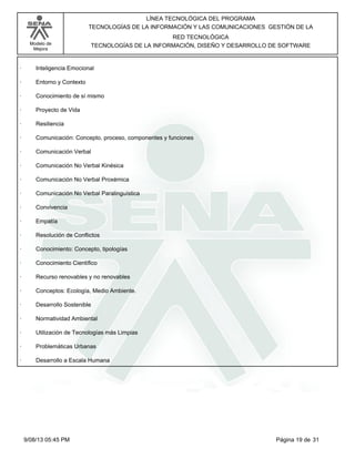 LÍNEA TECNOLÓGICA DEL PROGRAMA
TECNOLOGÍAS DE LA INFORMACIÓN Y LAS COMUNICACIONES GESTIÓN DE LA
Modelo de
Mejora

RED TECNOLÓGICA
TECNOLOGÍAS DE LA INFORMACIÓN, DISEÑO Y DESARROLLO DE SOFTWARE

·

Inteligencia Emocional

·

Entorno y Contexto

·

Conocimiento de sí mismo

·

Proyecto de Vida

·

Resiliencia

·

Comunicación: Concepto, proceso, componentes y funciones

·

Comunicación Verbal

·

Comunicación No Verbal Kinésica

·

Comunicación No Verbal Proxémica

·

Comunicación No Verbal Paralinguística

·

Convivencia

·

Empatía

·

Resolución de Conflictos

·

Conocimiento: Concepto, tipologías

·

Conocimiento Científico

·

Recurso renovables y no renovables

·

Conceptos: Ecología, Medio Ambiente.

·

Desarrollo Sostenible

·

Normatividad Ambiental

·

Utilización de Tecnologías más Limpias

·

Problemáticas Urbanas

·

Desarrollo a Escala Humana

9/08/13 05:45 PM

Página 19 de 31

 