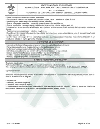 LÍNEA TECNOLÓGICA DEL PROGRAMA
TECNOLOGÍAS DE LA INFORMACIÓN Y LAS COMUNICACIONES GESTIÓN DE LA
Modelo de
Mejora

RED TECNOLÓGICA
TECNOLOGÍAS DE LA INFORMACIÓN, DISEÑO Y DESARROLLO DE SOFTWARE

-Llenar formularios o registros con datos personales.
-Comprender la idea principal en avisos y mensajes breves, claros y sencillos en inglés técnico.
-Leer textos muy breves y sencillos en inglés general y técnico.
-Obtener información específica y predecible en escritos sencillos y cotidianos.
-Obtener vocabulario y expresiones de inglés técnico en anuncios, folletos, páginas web, etc.
-Interactuar en tareas sencillas y habituales que requieren un intercambio simple y directo de información cotidiana y
técnica.
- Realizar intercambios sociales y prácticos muy breves,
-Describir con términos sencillos su entorno y entablar conversaciones cortas, utilizando una serie de expresiones y frases
en inglés general y técnico.
-Escribir notas y mensajes breves y sencillos relativos a sus necesidades inmediatas, mediante la utilización de un
vocabulario básico de inglés general y técnico.

4. CRITERIOS DE EVALUACIÓN
-Interpreta un texto sencillo y puede construir un mapa conceptual basado en el mismo.
-Pronuncia adecuadamente el vocabulario y modismos básicos del idioma
-Sostiene conversaciones con vocabulario básico y técnico aprendido.
-Estructura adecuadamente una opinión sobre un tema conocido de su especialidad.
-Elabora resúmenes cortos sobre textos sencillos, y con contenido técnico.
-Escribe o presenta descripciones de sí mismo, su profesión y su entorno.
-Plantea y responde preguntas sobre sí mismo.

5. PERFIL TÉCNICO DEL INSTRUCTOR
Requisitos Académicos:
Profesional en Idiomas o Lenguas Modernas, con conocimiento del idioma inglés.
Debe tener y demostrar mediante examen internacional acreditado, un nivel mínimo de C1, de acuerdo al MCER.
Experiencia laboral:
Demostrar vinculación laboral mínimo de dos años, como docente en una institución educativa pública o privada, o en un
instituto de enseñanza de lenguas.
Competencias:
-Formular y desarrollar proyectos
-Capacidad para trabajar en equipo
-Conocer el Marco Común Europeo de Referencia para la Enseñanza de una Segunda Lengua, y aplicar los criterios de
conocimiento y evaluación de acuerdo a los niveles establecidos en esta norma.

9/08/13 05:45 PM

Página 26 de 31

 