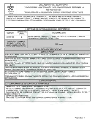 LÍNEA TECNOLÓGICA DEL PROGRAMA
TECNOLOGÍAS DE LA INFORMACIÓN Y LAS COMUNICACIONES GESTIÓN DE LA
RED TECNOLÓGICA
TECNOLOGÍAS DE LA INFORMACIÓN, DISEÑO Y DESARROLLO DE SOFTWARE

Modelo de
Mejora

COMPRUEBA EL FUNCIONAMIENTO DE LOS EQUIPOS CONFORME A MANUAL DE PROCEDIMIENTOS.
DILIGENCIA EL REPORTE TÉCNICO DE MANTENIMIENTO SIGUIENDO PROCEDIMIENTOS ESTABLECIDOS.
EFECTÚA RECOMENDACIONES TÉCNICAS PARA PROLONGAR EL TIEMPO DE VIDA ÚTIL DE LOS EQUIPOS.

1. CONTENIDOS CURRICULARES DE LA COMPETENCIA
CÓDIGO:

VERSIÓN DE
LA NCL

22050100

2

DENOMINACIÓN
REALIZAR MANTENIMIENTO CORRECTIVO DE LOS EQUIPOS DE COMPUTO
SEGÚN PROCEDIMIENTO ESTABLECIDO.

DURACIÓN ESTIMADA
PARA EL LOGRO DEL
APRENDIZAJE (en horas)

880 horas
2. RESULTADOS DE APRENDIZAJE
DENOMINACIÓN

ELABORAR LA DOCUMENTACIÓN TÉCNICA DEL PROCESO DE REPARACIÓN, DE ACUERDO CON LAS POLÍTICAS
ESTABLECIDAS.
VERIFICAR EL RESULTADO DEL TRABAJO REALIZADO EN LOS EQUIPOS, EMPLEANDO PROCEDIMIENTOS
ESTABLECIDOS.
CORREGIR FALLAS Y DEFECTOS EN LOS EQUIPOS, PARA RESTABLECER LAS CONDICIONES DE OPERACIÓN
DEL EQUIPO.
OPERAR LAS HERRAMIENTAS E INSTRUMENTOS DE MEDICIÓN SELECCIONADOS Y CALIBRADOS, SEGÚN
MANUAL DEL FABRICANTE Y NORMAS DE SEGURIDAD INDUSTRIAL.
DIAGNOSTICAR FALLAS Y DEFECTOS EN LOS EQUIPOS, SEGÚN LOS MANUALES Y NORMAS
INTERNACIONALES.
PREPARAR ACTIVIDADES DEL MANTENIMIENTO CORRECTIVO, TENIENDO EN CUENTA LOS PROCEDIMIENTOS
ESTABLECIDOS.

3. CONOCIMIENTOS
3.1. CONOCIMIENTOS DE CONCEPTOS Y PRINCIPIOS
GARANTÍAS. TIPOS, CONDICIONES Y REGLAMENTACIÓN.
ARQUITECTURA DEL HARDWARE DE LOS EQUIPOS DE CÓMPUTO, ACTIVOS, ELÉCTRICOS Y PERIFÉRICOS.
HERRAMIENTAS, EQUIPOS E INSTRUMENTOS: SELECCIÓN, CLASIFICACIÓN, MANEJO Y RIESGOS.
FUNDAMENTOS DE SISTEMAS OPERATIVOS: INSTALACIÓN, MANEJO, ACTUALIZACIÓN, TIPOS, Y
LICENCIAMIENTO.
SOFTWARE DE DIAGNÓSTICO.
MANUALES TÉCNICOS EN INGLES Y EN ESPAÑOL: COMPRENSIÓN E INTERPRETACIÓN.

9/08/13 05:45 PM

Página 6 de 31

 